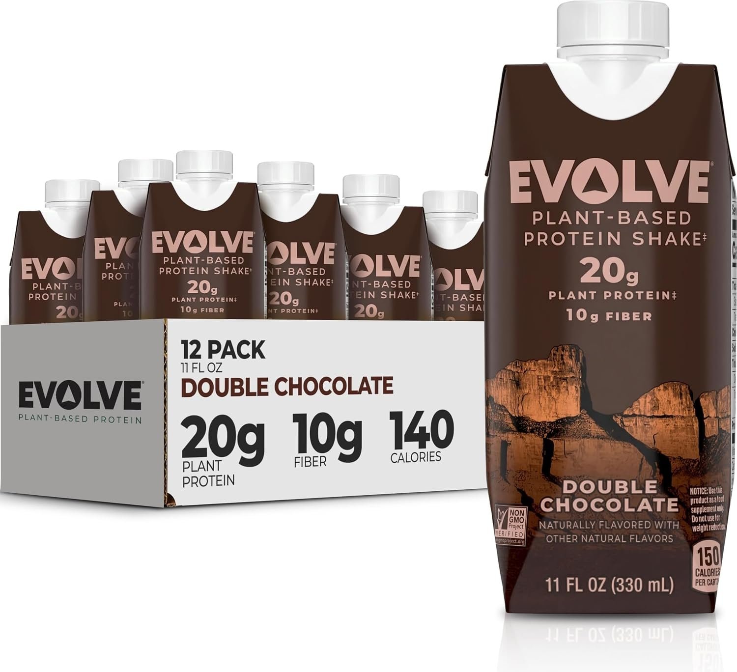 Evolve Plant Based Protein Shake, Double Chocolate, 20g Vegan Protein, Dairy Free, No Artificial Sweeteners, Non-GMO, 10g Fiber, 11 Fl Oz (Pack of 12) – (Formula May Vary)