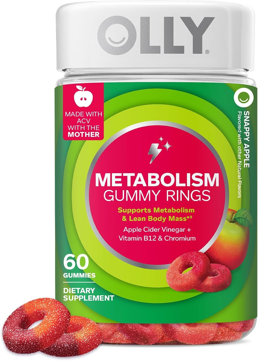 OLLY Metabolism Gummy Rings, Cellular Energy Supplement,* ACV – 60 Count