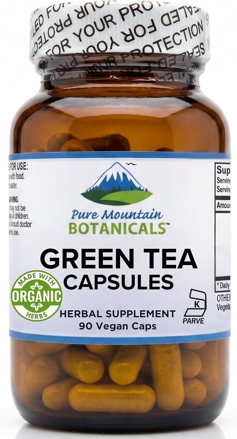 Pure Mountain Botanicals Green Tea Extract Capsules – EGCG Supplement – 90 Veggie Caps – 450mg – 50% EGCG – 98% Polyphenols – Kosher – Vegan – Organic Herbal Leaf Formula