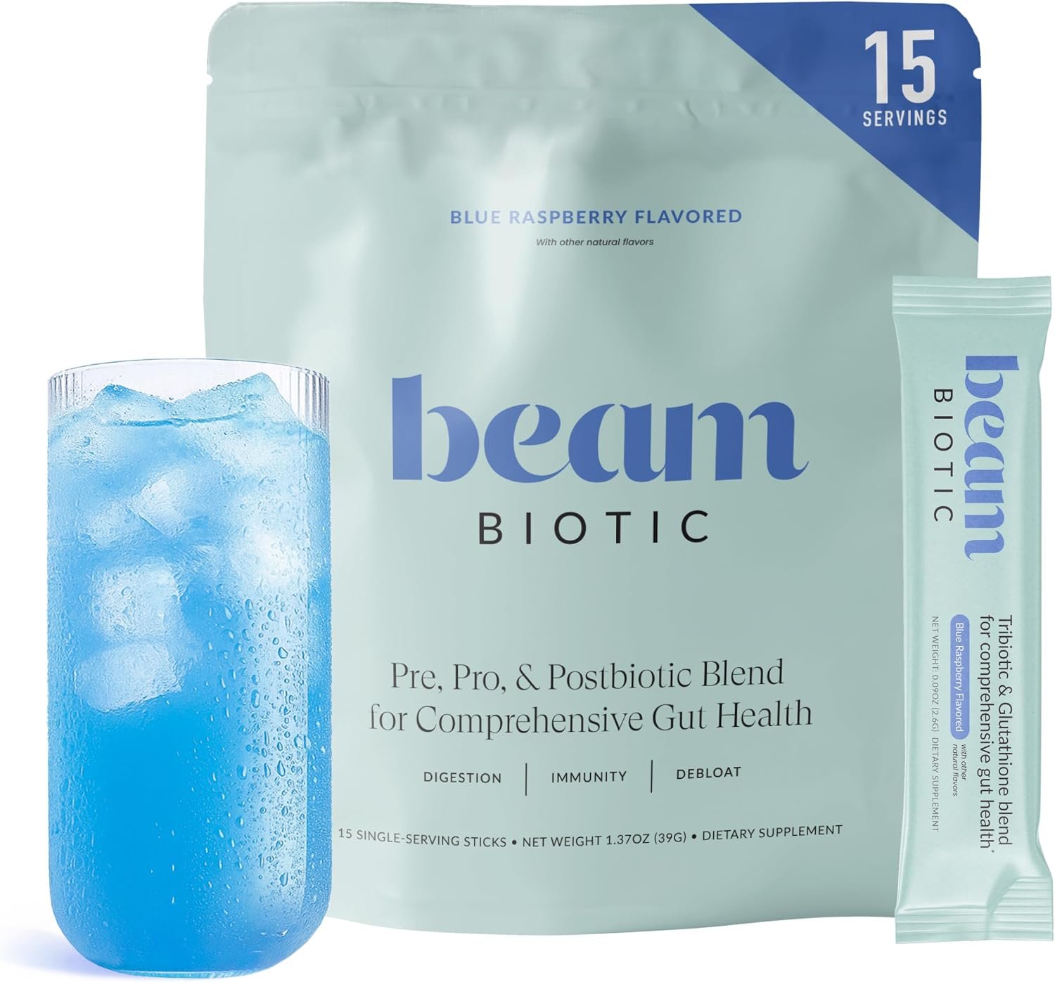 BEAM Biotic Probiotics for Women & Men – Gut Health for Women & Men, Digestive Health with Pre, Pro & Postbiotics + Glutathione, Daily Probiotic Drink for Bloating Relief, Blue Raspberry, 15 Servings