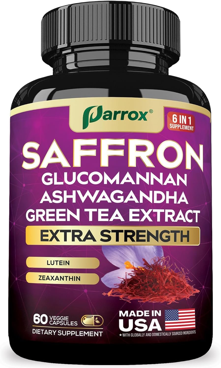 Saffron Supplement, Vision & Wellness Support, Glucomannan, 60 Capsules