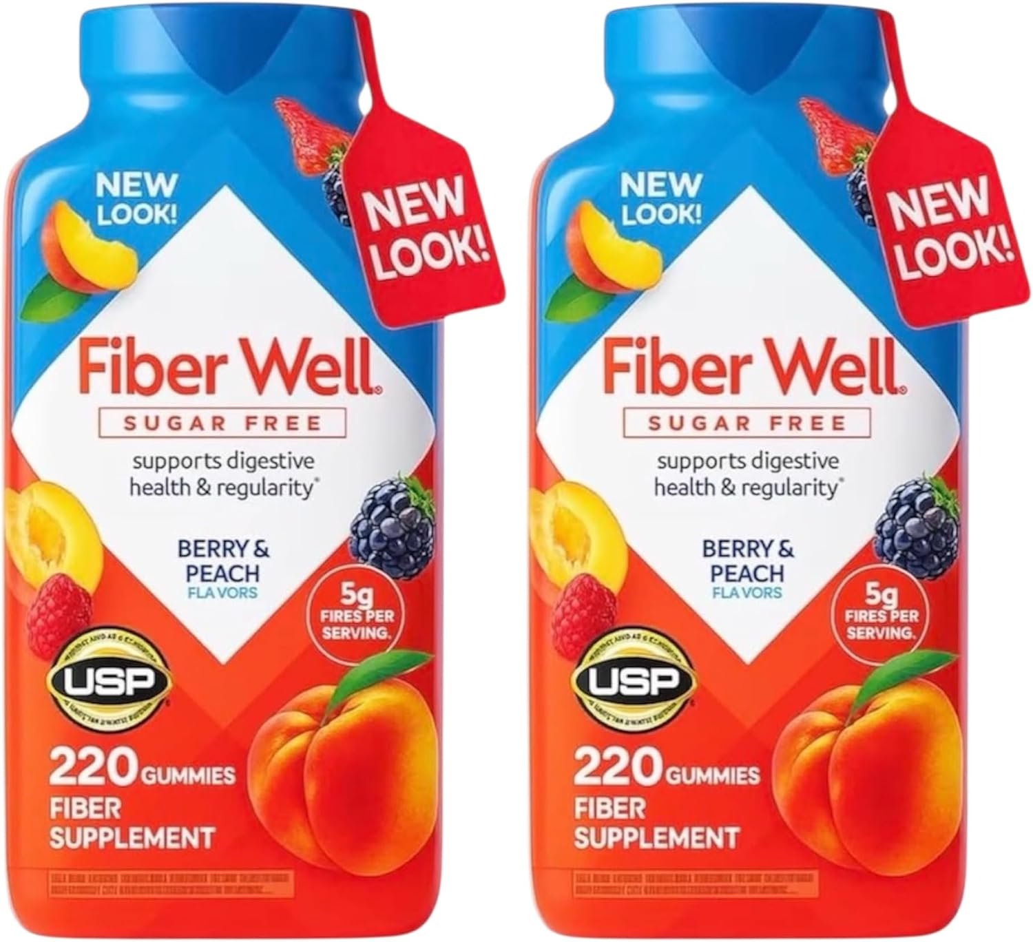 Vita Fiber Well Sugar Free Fiber Gummies – Berry & Peach Flavors (220 Count) | Daily Prebiotic Fiber Supplement for Digestive Health, Gut Support & Regularity | Adult Fiber Gummy Vitamins.