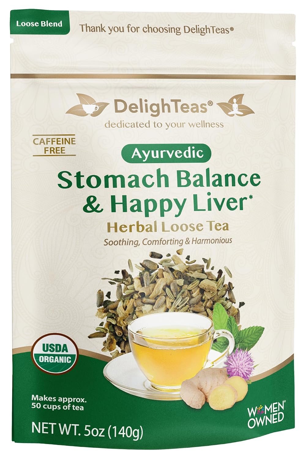 DelighTeas Stomach & Liver Tea | Ayurvedic Herbal Blend for Digestion | Organic Milk Thistle, Fennel, Ginger, Peppermint & Licorice | Vegan, Caffeine-Free, Sugar-Free | Loose Leaf, 50 Servings, 5oz