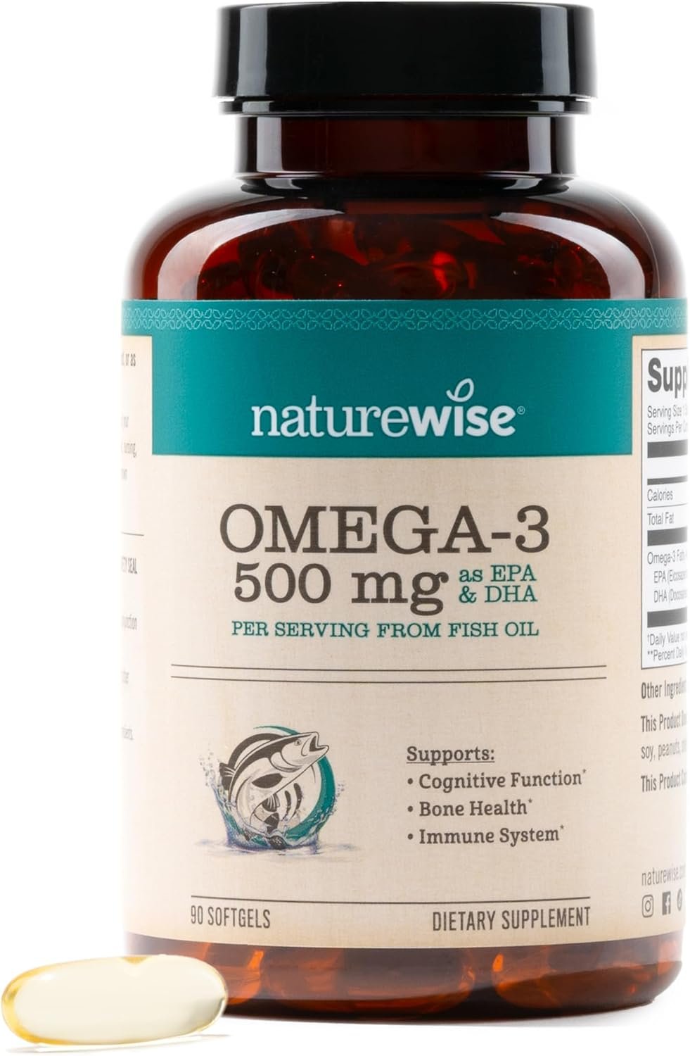 NatureWise Omega 3 Fish Oil – 500 mg per Pill – EPA & DHA – Immune Support, Brain Health & Optimal Wellness – Gluten and Soy Free, Non-GMO – 90 Softgels[3-Month Supply]