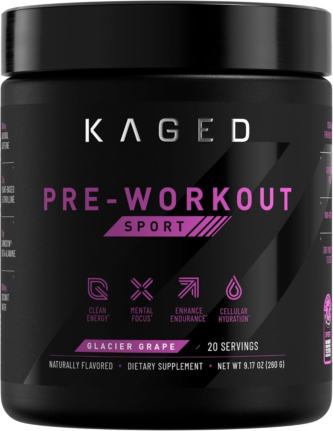 Kaged Sport Pre Workout Powder for Men & Women, Glacier Grape, Sport Certified, 188mg Caffeine, Nitric Oxide Supplement, Beta Alanine for Energy, Weightlifting, Cardio Endurance, Strength, 20 Servings