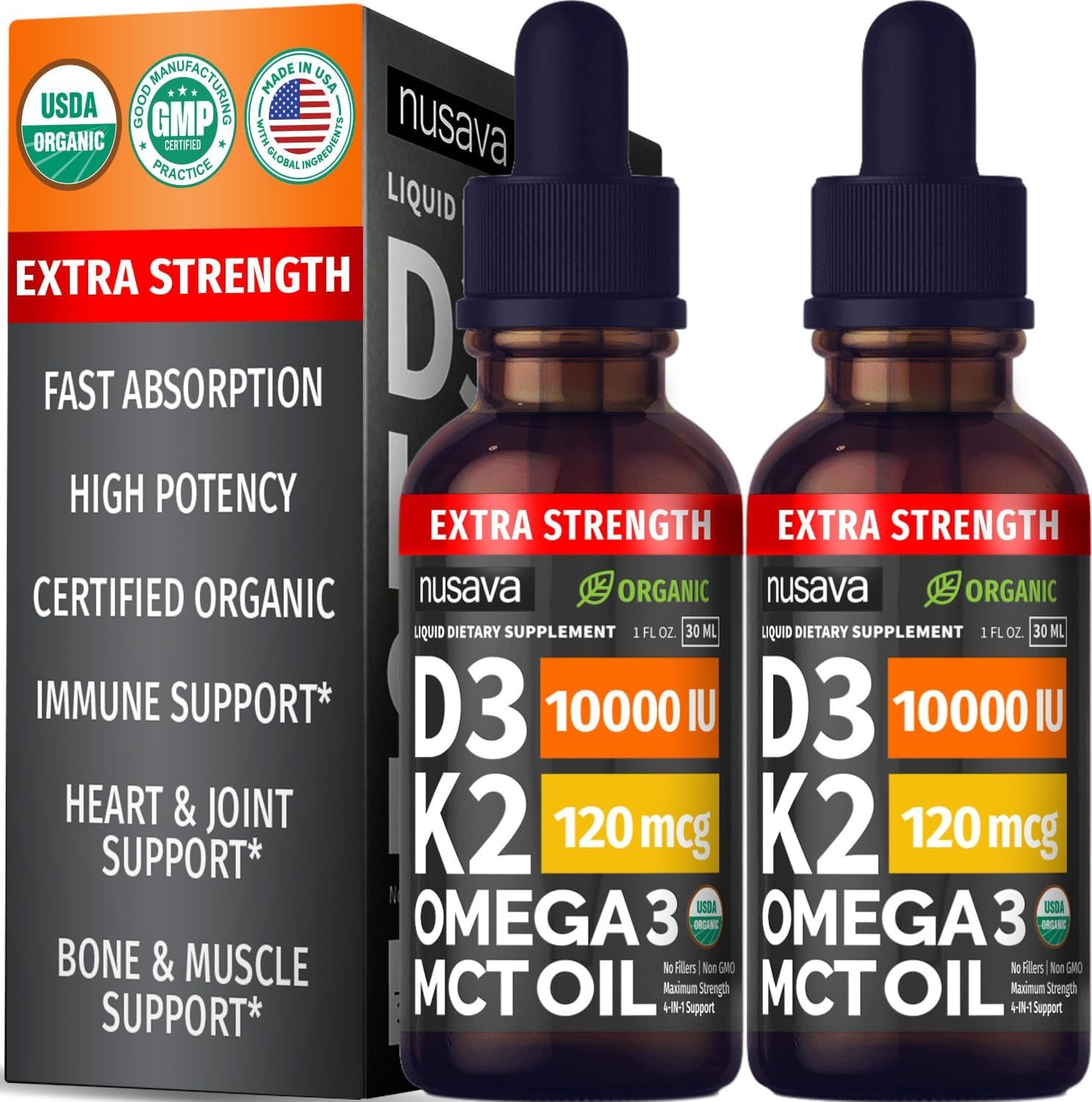 NUSAVA Extra Strength Vitamin D3 K2 Drops 10000 IU, Pack of 2