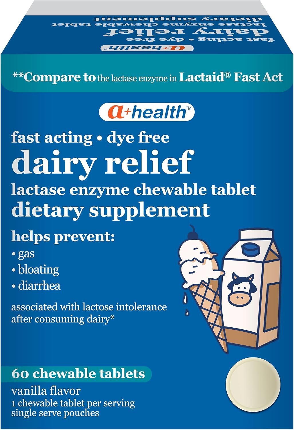 A+Health Dairy Relief Lactase Enzyme 9000 FCC Chewable Tablets, 60 Count