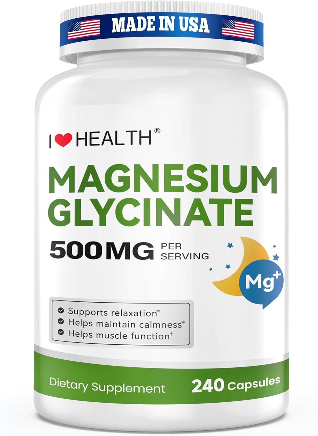 Magnesium Glycinate 500mg per Capsule – 240 Capsules – High Absorption Magnesium Supplement for Relaxation, Calmness & Muscle Support – Gentle on Stomach – Made in USA