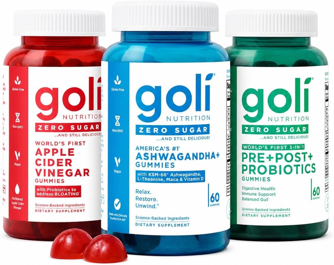 Goli Zero Sugar Trio – World’s First 3-in-1 Pre, Post, Probiotic, Apple Cider Vinegar with Vitamin B12 and Probiotics, Ashwagandha & L-Theanine, Vitamin D Gummies, 180 Count (3-Bottle Set)