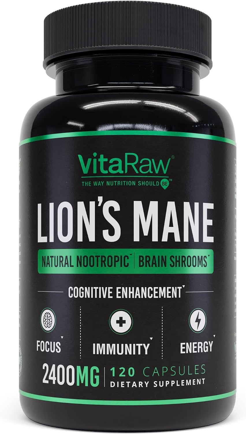VitaRaw Organic Lions Mane Supplement Capsules 2400 mg – Powerful Nootropic – Helps Maintain Memory, Energy, and Mental Clarity – Vegan Brain Booster Focus Pills – Real Lion’s Mane Supplement