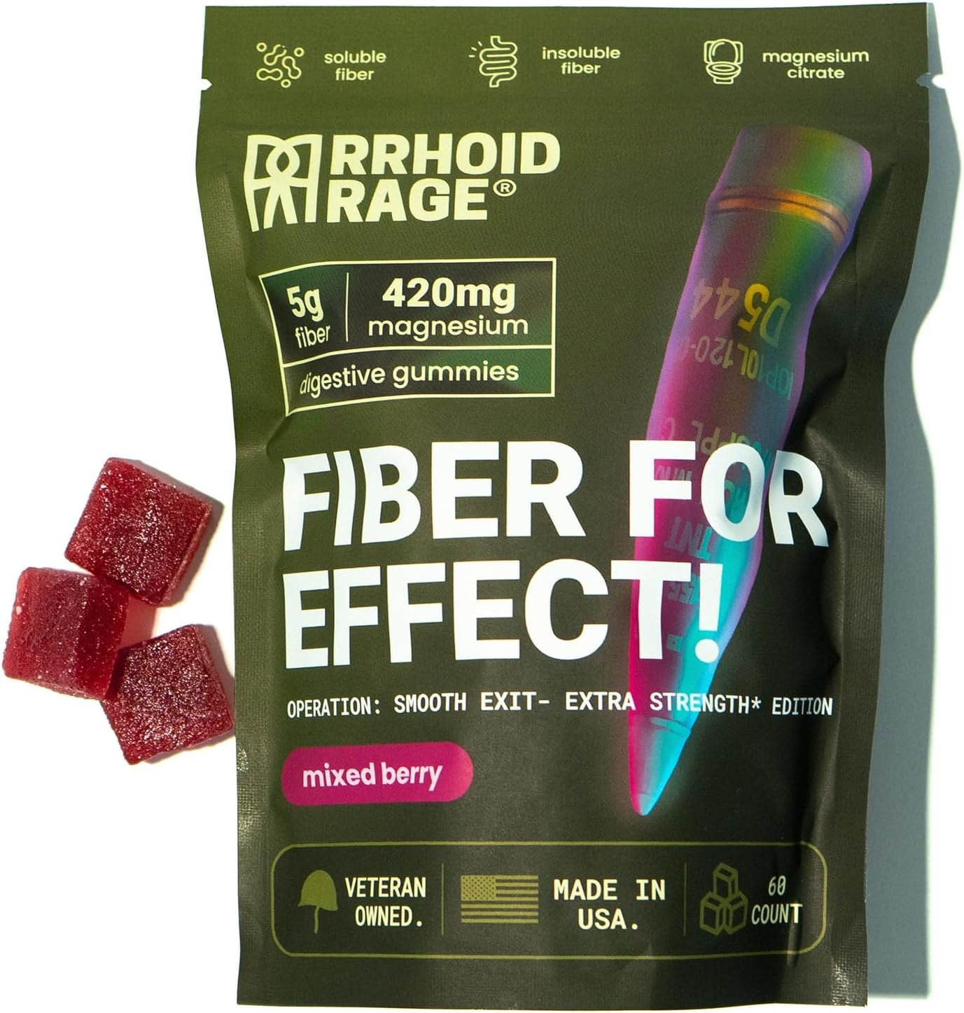 Fiber Gummies with Magnesium Citrate – Extra Strength Gut & Bowel Support, Mixed Berry Flavor, Non-GMO, Gluten-Free, Vegan, Constipation Relief Supplement – 60 Gummies