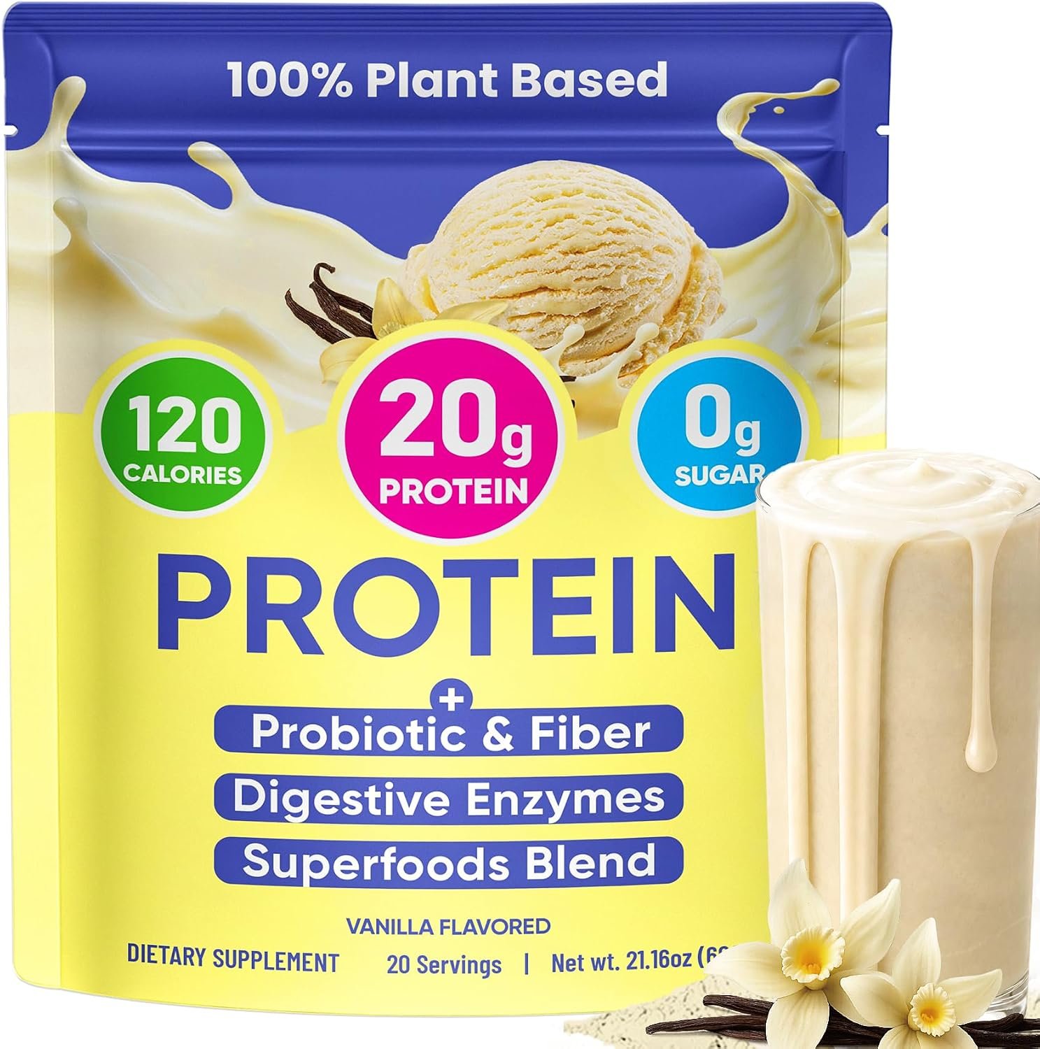 Vegan 20g Protein Powder with 9B CFU Probiotics, Fiber, Enzymes &Superfoods