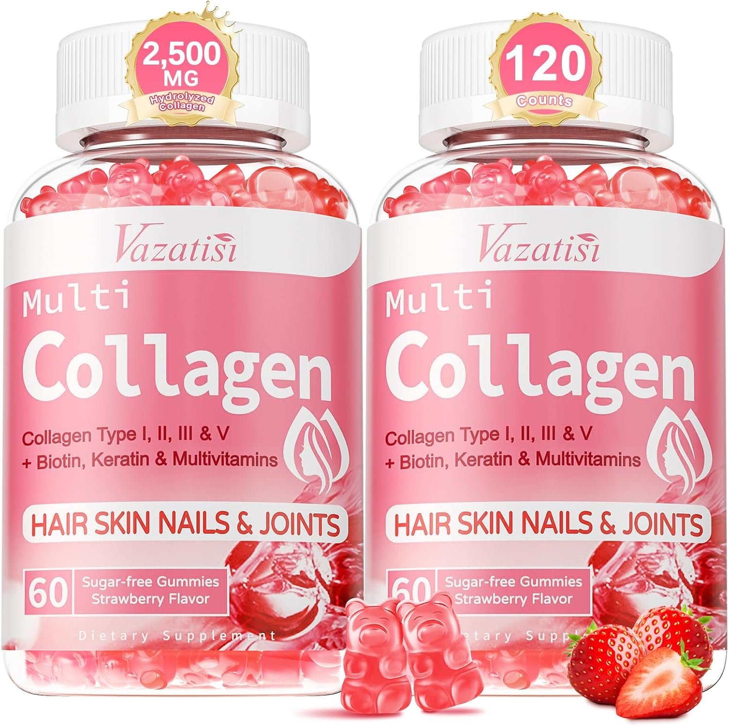2 Pack Sugar Free Collagen Gummies for Women & Men | Hydrolyzed Collagen Peptides for Hair Skin & Nails | MultiCollagen Protein Type I II III V X with Biotin & Vitamin C | Strawberry Flavor, 120 Count