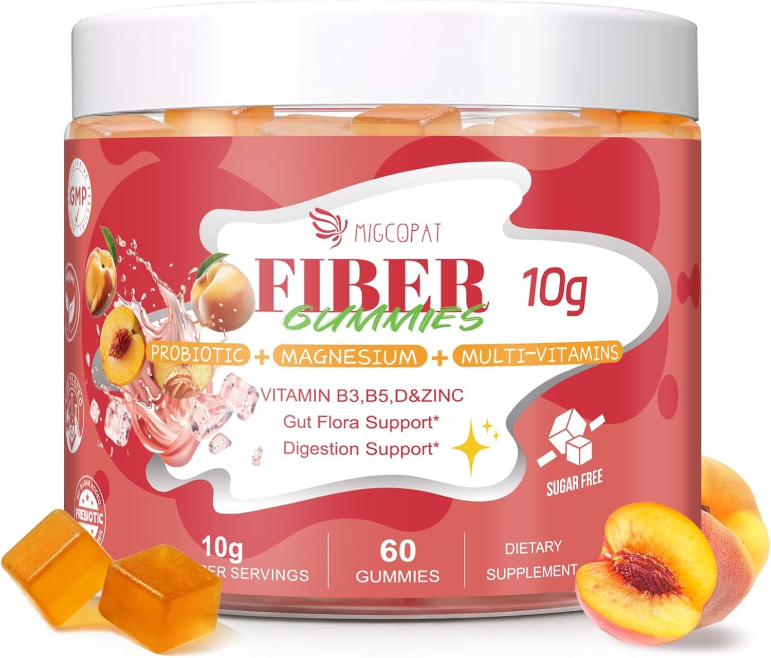 Migcopat 10G Fiber Gummies w/Vitamins C, D, B3, B5-Digestive&Gut Health