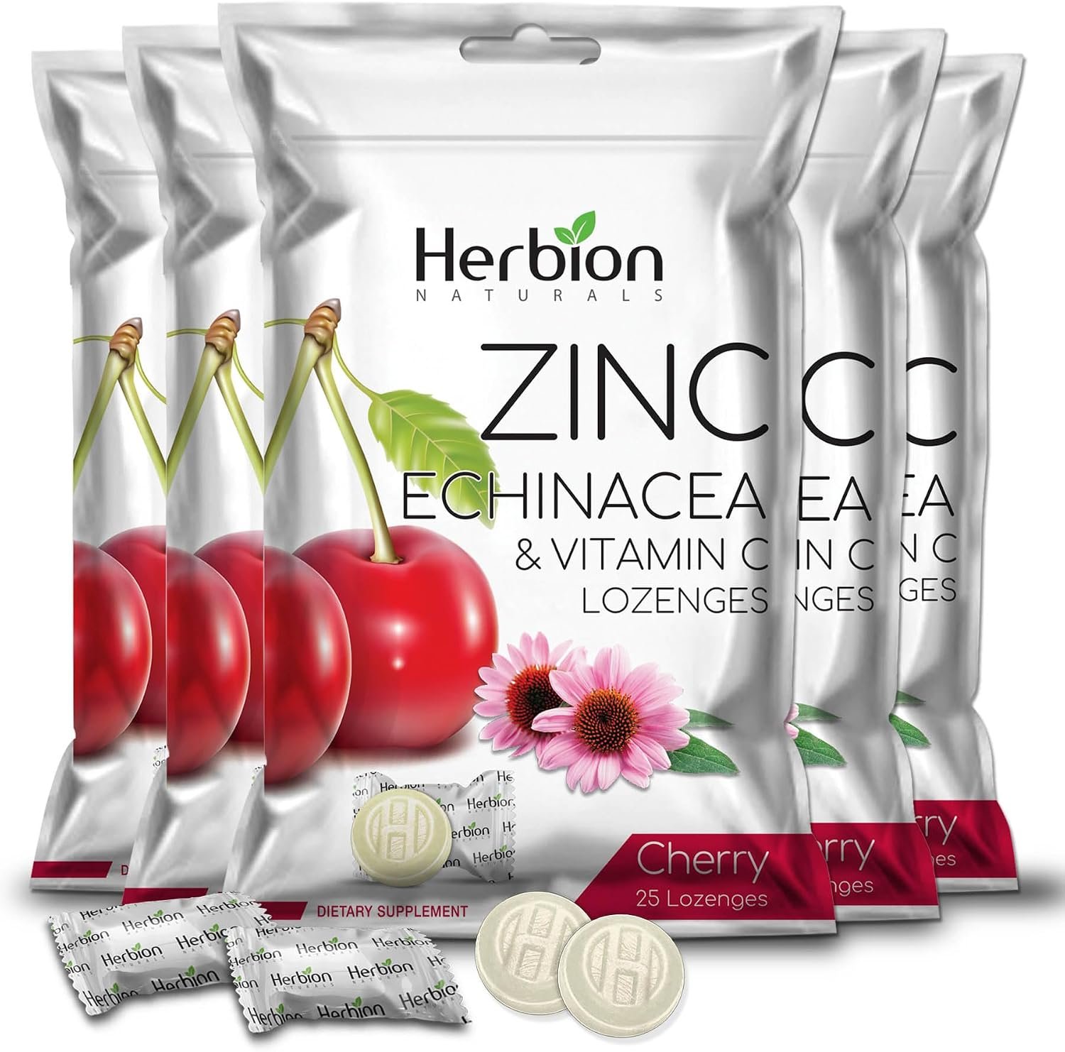 HERBION Naturals Zinc, Echinacea & Vitamin C Lozenges with Cherry Flavor, 25 CT – Dietary Supplement for Adults & Children 5+ – Promotes Wellness for the Whole Family – (Pack of 5) (125 Lozenges)