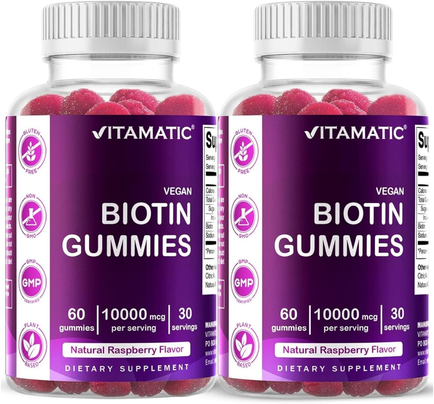 Vitamatic Biotin 10,000 mcg, 60 Vegan Gummies, Raspberry Flavor-2 Pack