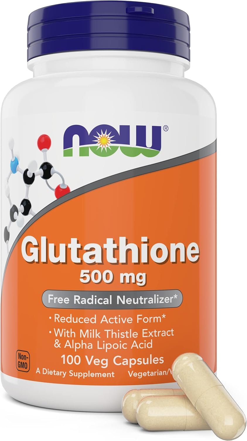 Now Glutathione 500 mg, 100 Vegan Capsules – Reduced Form GSH Supplement – Enhanced with Milk Thistle Extract and Alpha Lipoic Acid