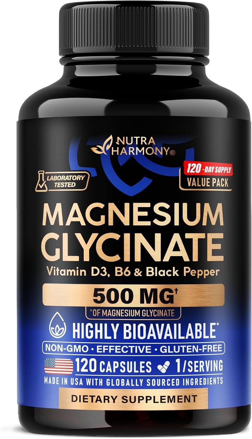 Magnesium Glycinate 500mg – VIT. B6 & D3 – Sleep, Muscle & Heart – 120 Caps