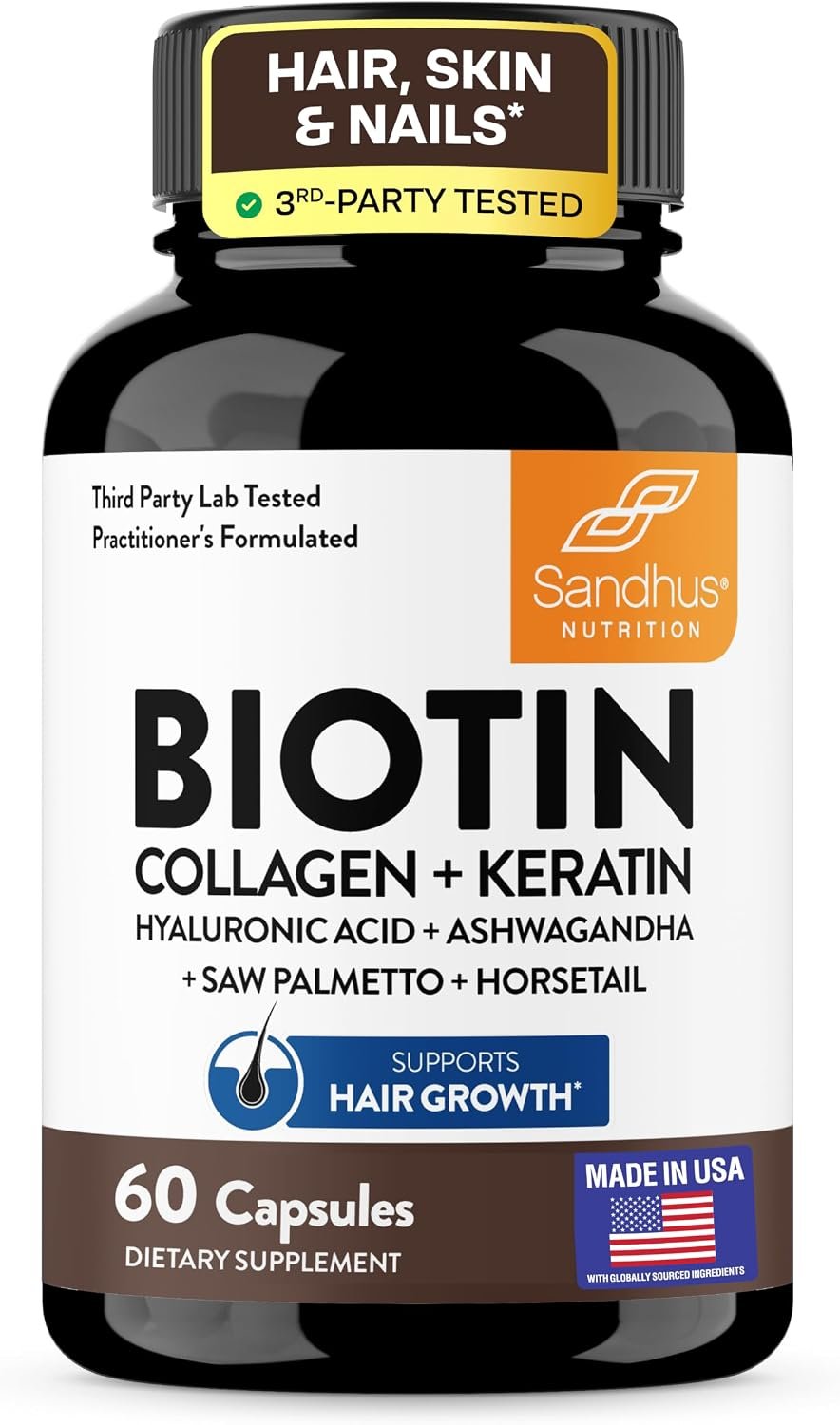 Biotin 6000mcg Collagen Keratin Hair Skin Nails Supplement, 60 Count