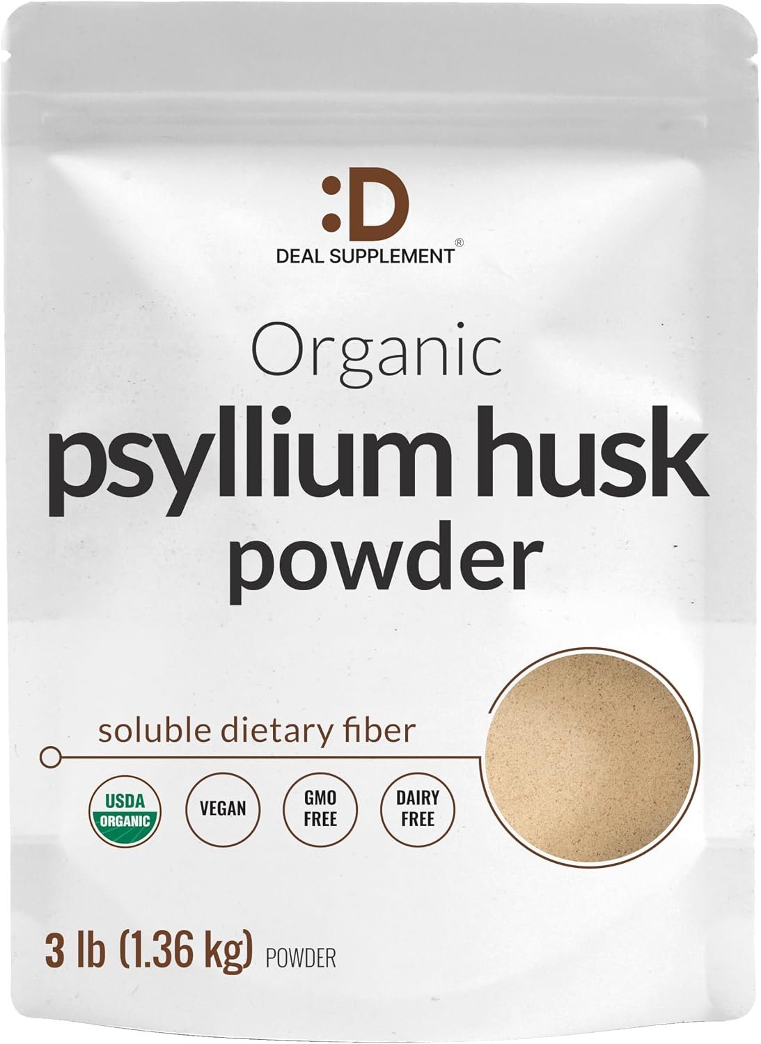 DEAL SUPPLEMENT Organic Psyllium Husk Powder, 3lbs (48oz) – Unflavored Plant Based Soluble Dietary Fiber – Gut & Digestion Health – Great for Baking & Cooking – Keto Friendly, Gluten Free, Non-GMO