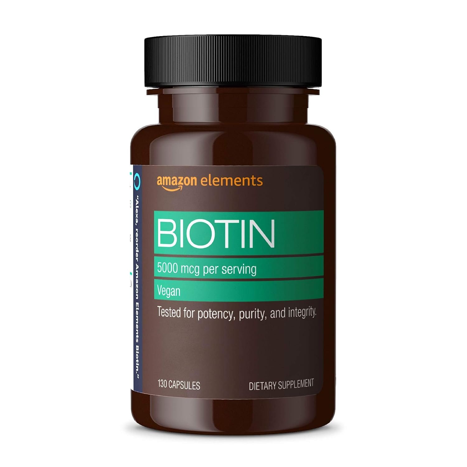 Amazon Elements Vegan Biotin 5000 mcg, Support for Hair, Skin, and Nails, Dietary Supplement, 130 Capsules, 4 Month Supply