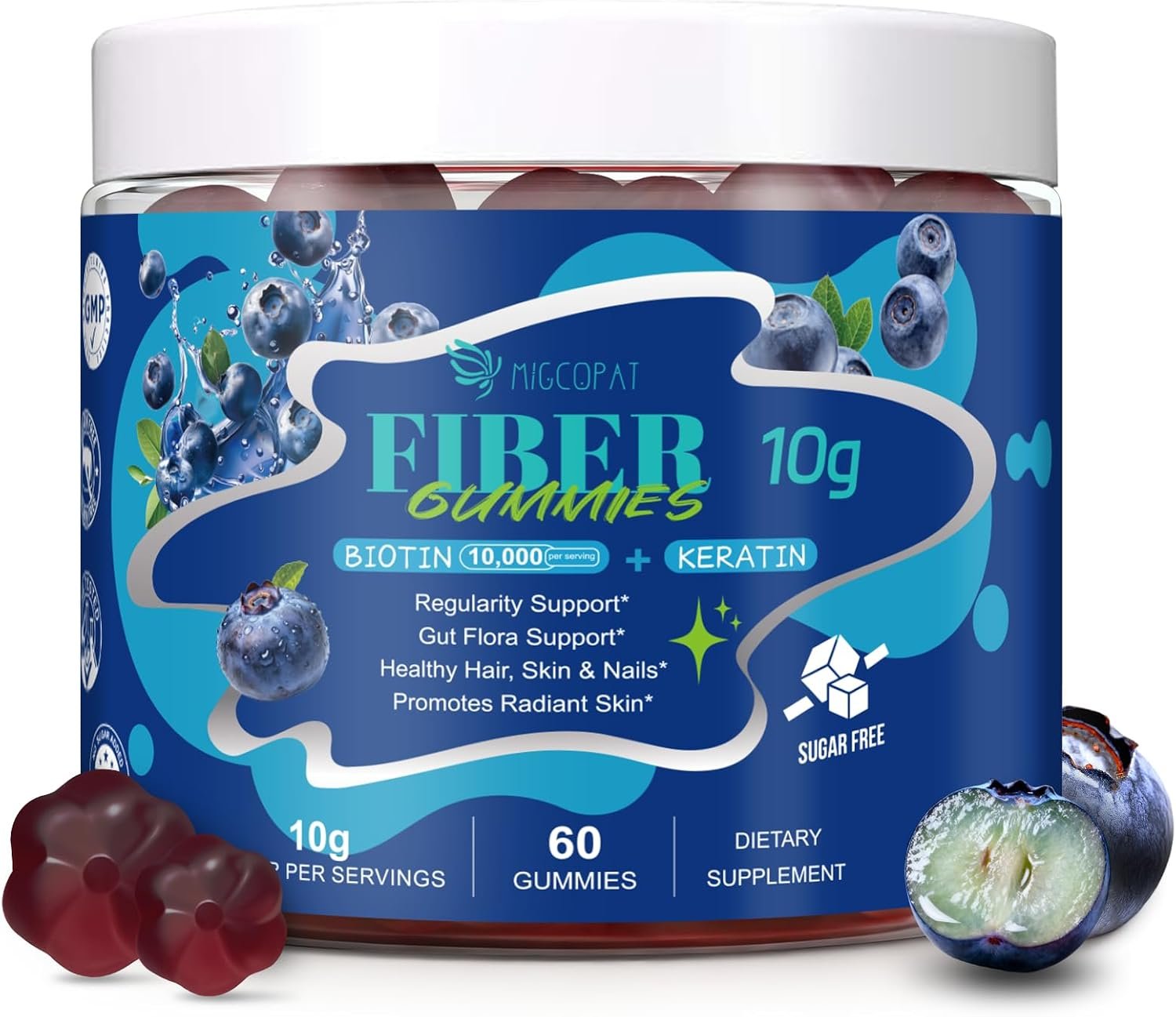 Migcopat 10G Fiber Gummies with Biotin, Collagen Peptides, Keratin, 60 Cts