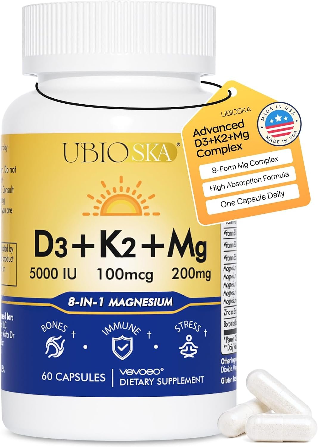 Vitamin D3 K2 5000 IU 200mg 8-in-1 Magnesium Zinc B6 Complex 60 Count