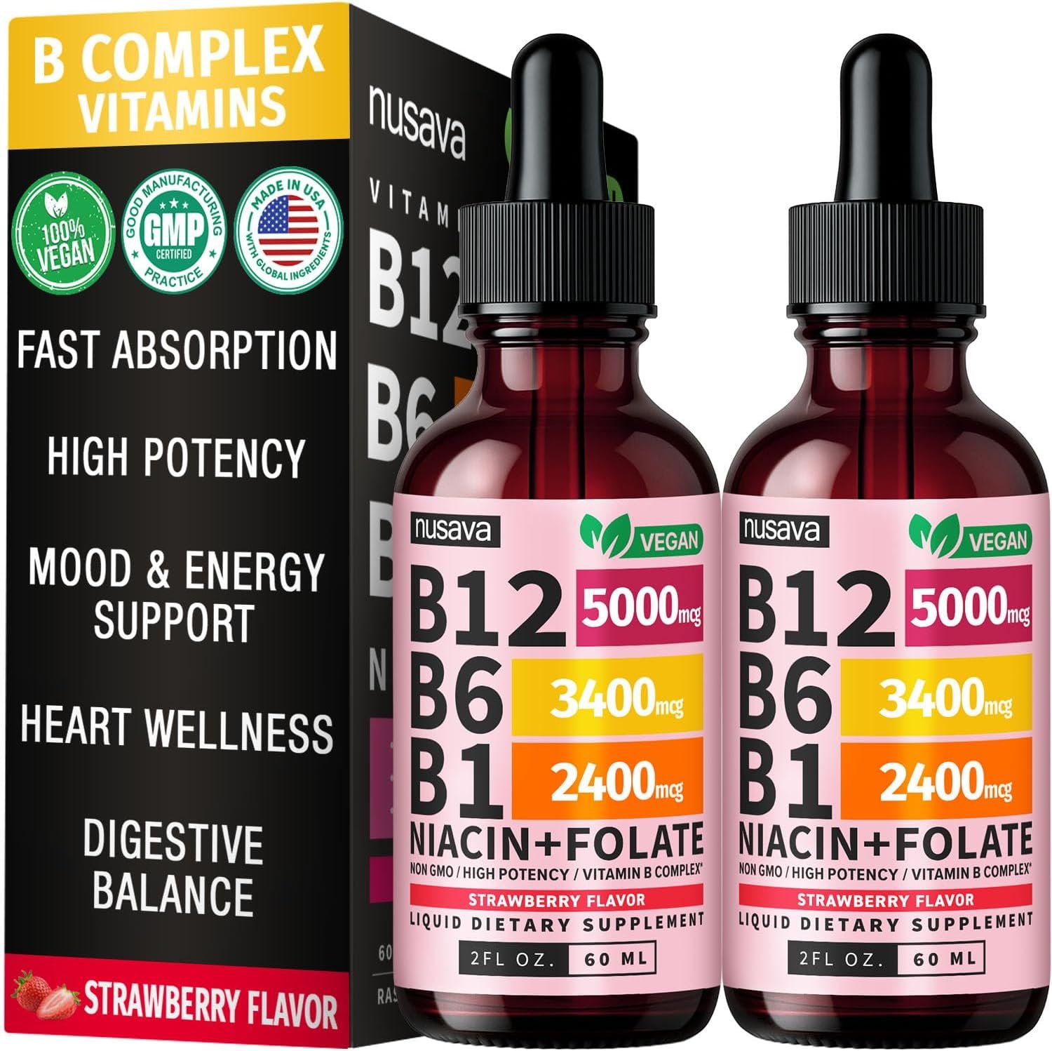 NUSAVA Vitamin B12 5000mcg with B6 & B1 Liquid Drops, Strawberry, Pack of 2