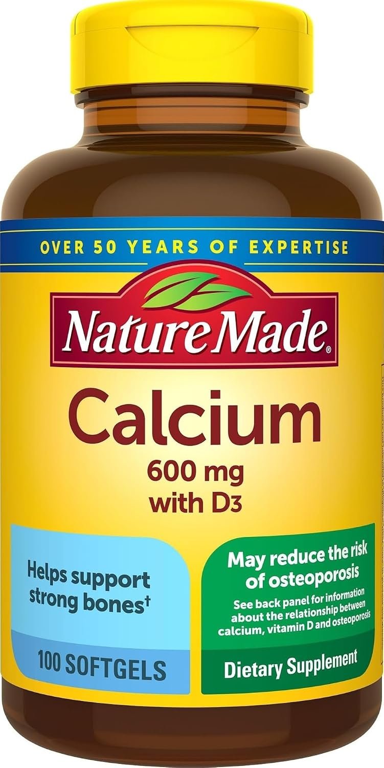 Nature Made Calcium 600 mg with Vitamin D3 for Bone Support, 100 Softgels