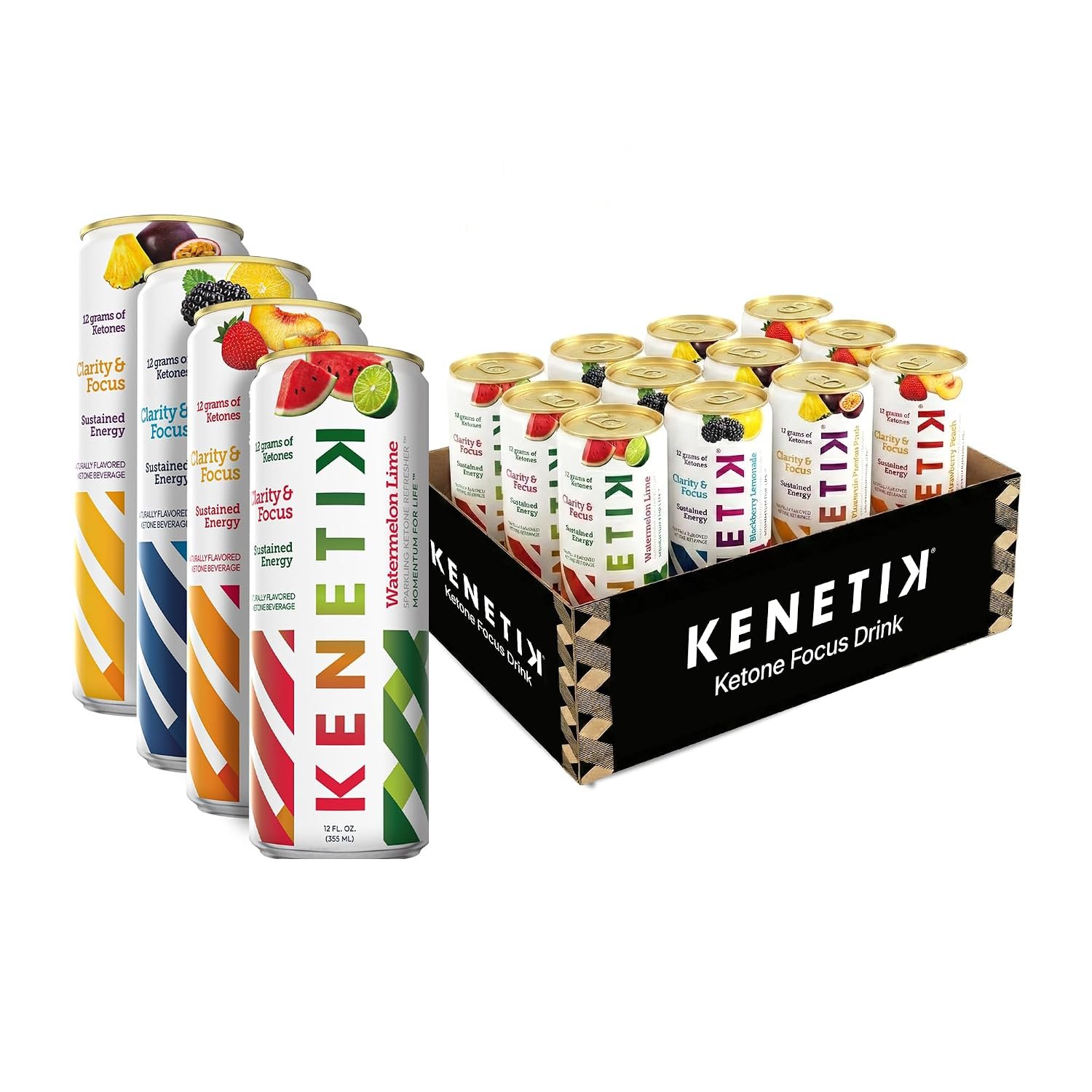 Kenetik Ketone Focus Drink – Plant-Based D-BHB Bioidentical Ketones for Caffeine-Free Focus & Steady Mental Clarity – Zero Sugar, Nootropic Brain Fuel – 12oz Cans (12-Pack), Variety