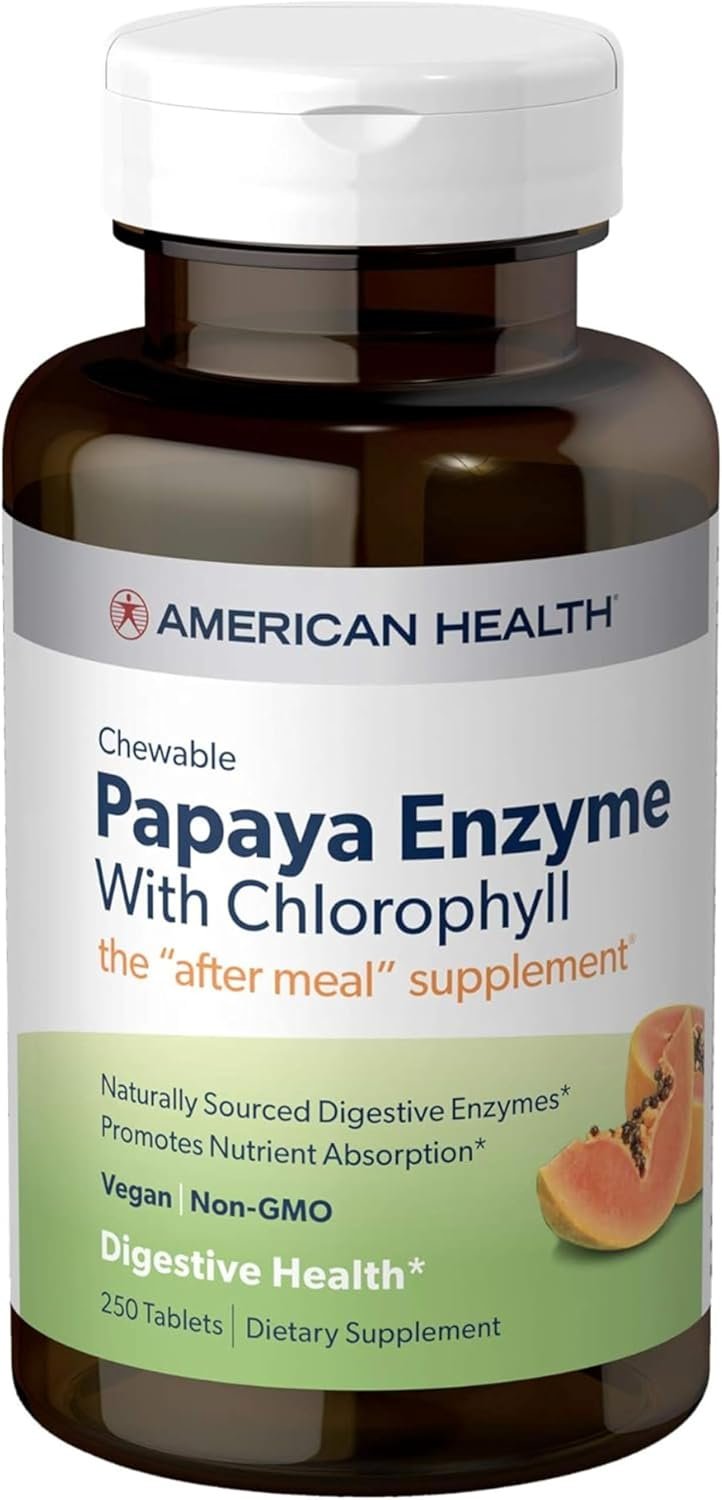 American Health Papaya Enzyme Chewable Tablets – Promotes Nutrient Absorption, Helps Digestion and Freshens Breath with Chlorophyll & Pepermint – Gluten-Free, Vegetarian – 250 Count