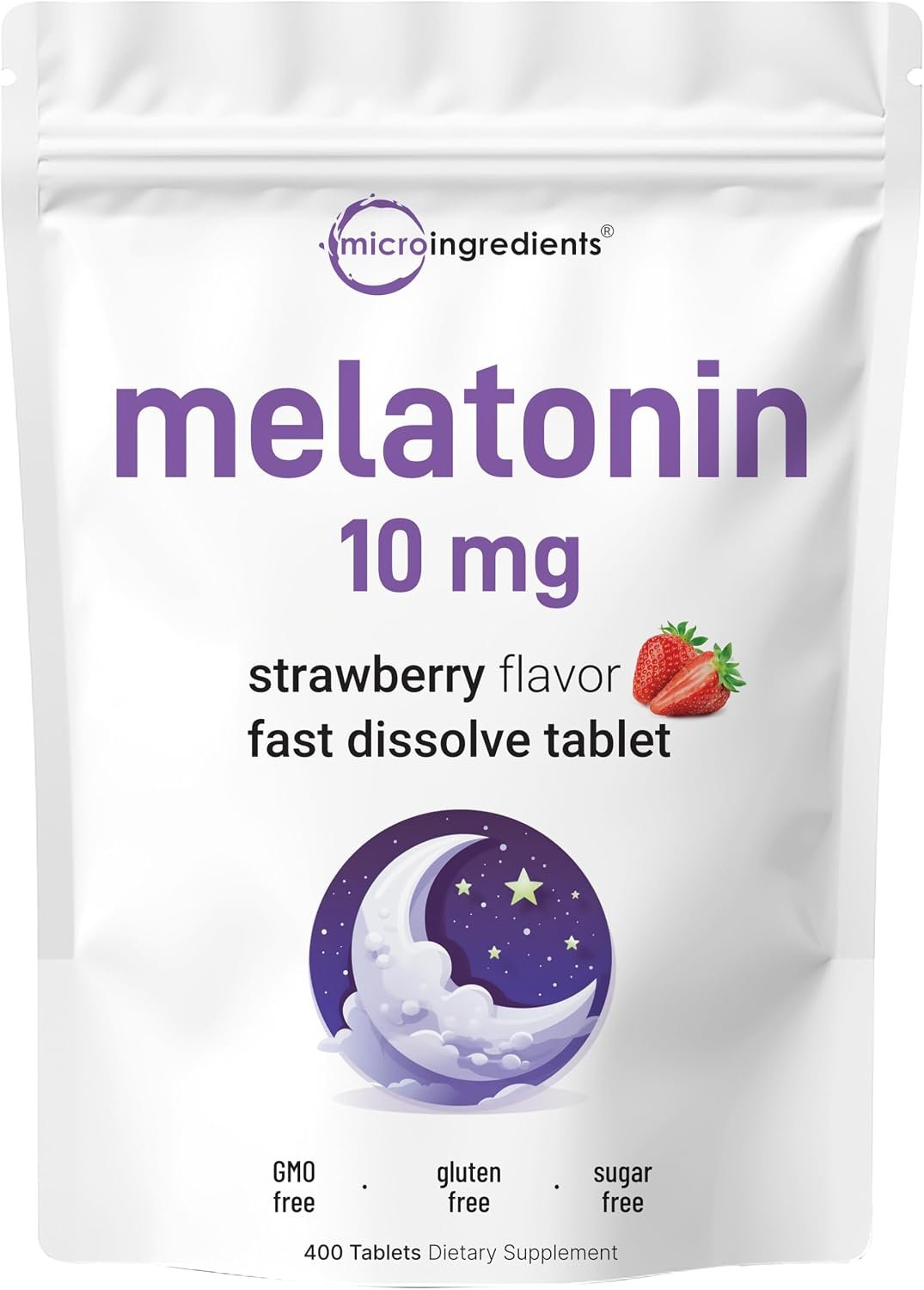 Micro Ingredients Melatonin 10mg, 400 Tablets | Natural Strawberry Flavor | Fast Dissolve | No Drug | Vegetarian Friendly | Non-GMO, No Gluten, Sugar Free