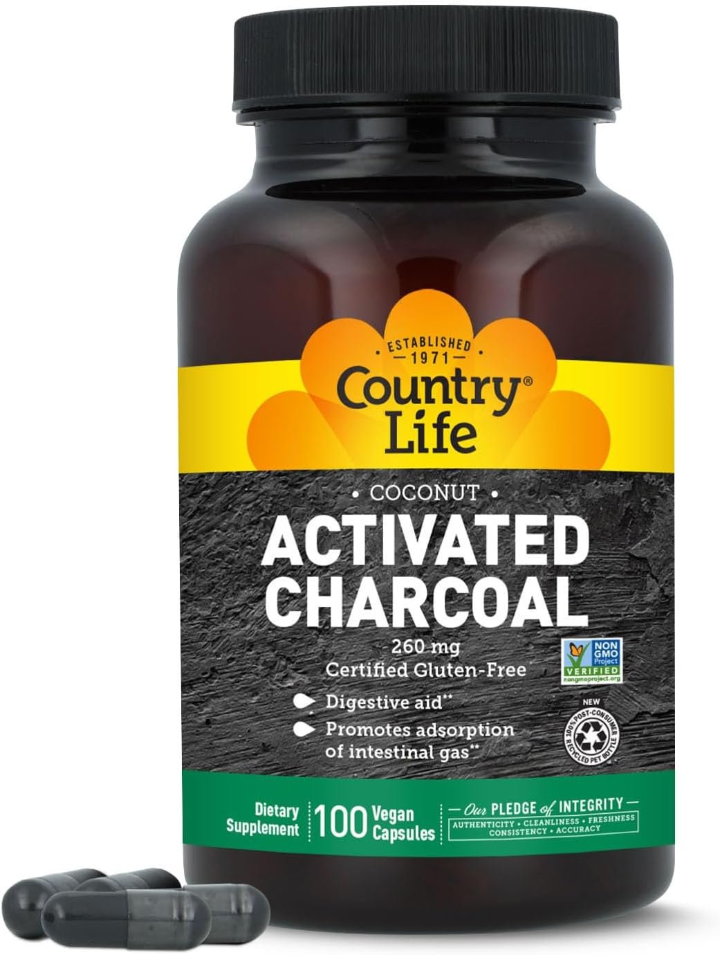 Country Life Coconut Activated Charcoal 260 mg, 100 Vegan Capsules