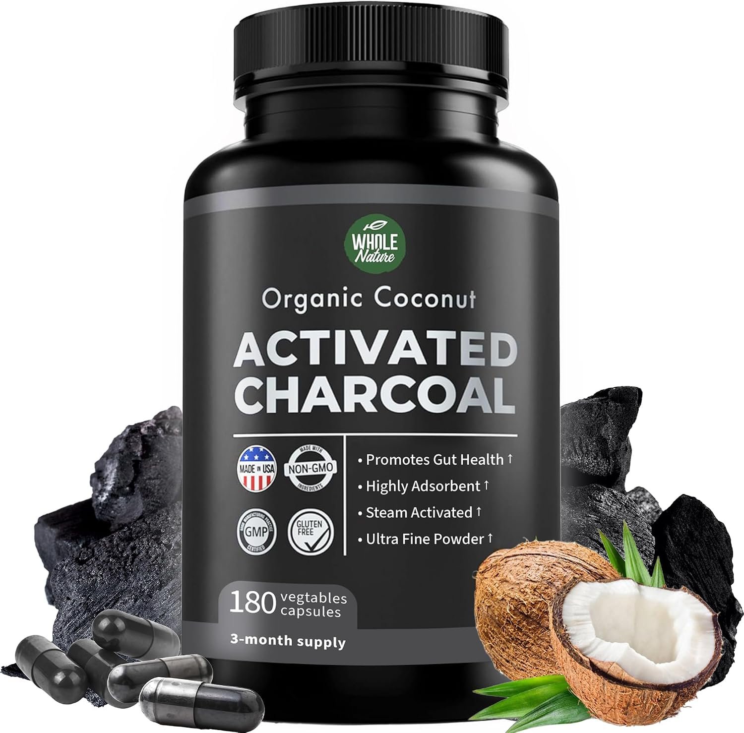 Pure Coconut Activated Charcoal Capsules – 180 Charcoal Pills, Helps with Teeth Whitening, Bloating and Body Cleansing. Non-GMO – Gluten Free, Vegan