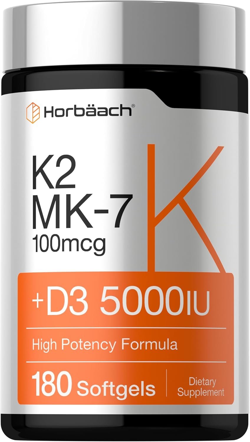 Horbäach Vitamin D3 K2 5000 iu | 100mcg MK-7 Complex | 180 Softgel Capsules