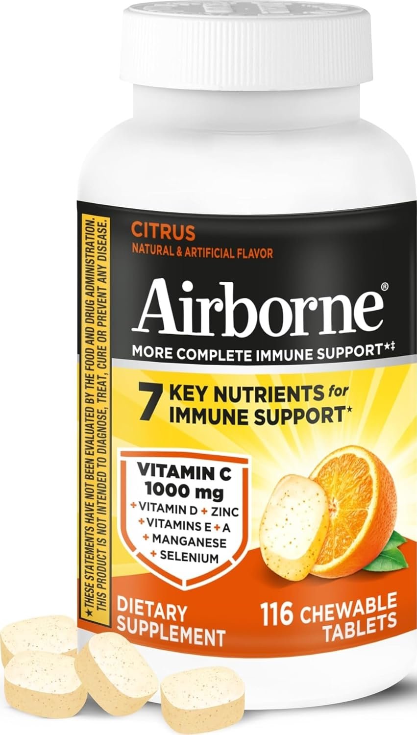 Airborne Citrus Chewable Tablets, 116ct | Immune Support Supplement with 1000mg Vitamin C + Vitamins A, D, E, Zinc,Selenium, & Manganese | Herbal Blend | Gluten Free