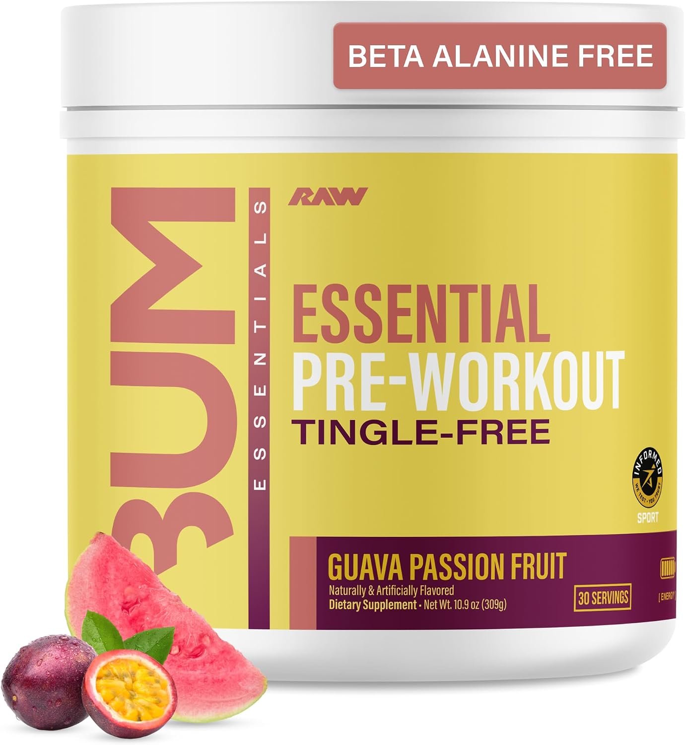 RAW Essential Tingle-Free Pre Workout Powder – Preworkout Without Beta-Alanine for Clean Energy & Focus – Workout Supplement with 200mg of Natural Caffeine – Guava Passion Fruit – 30 Servings
