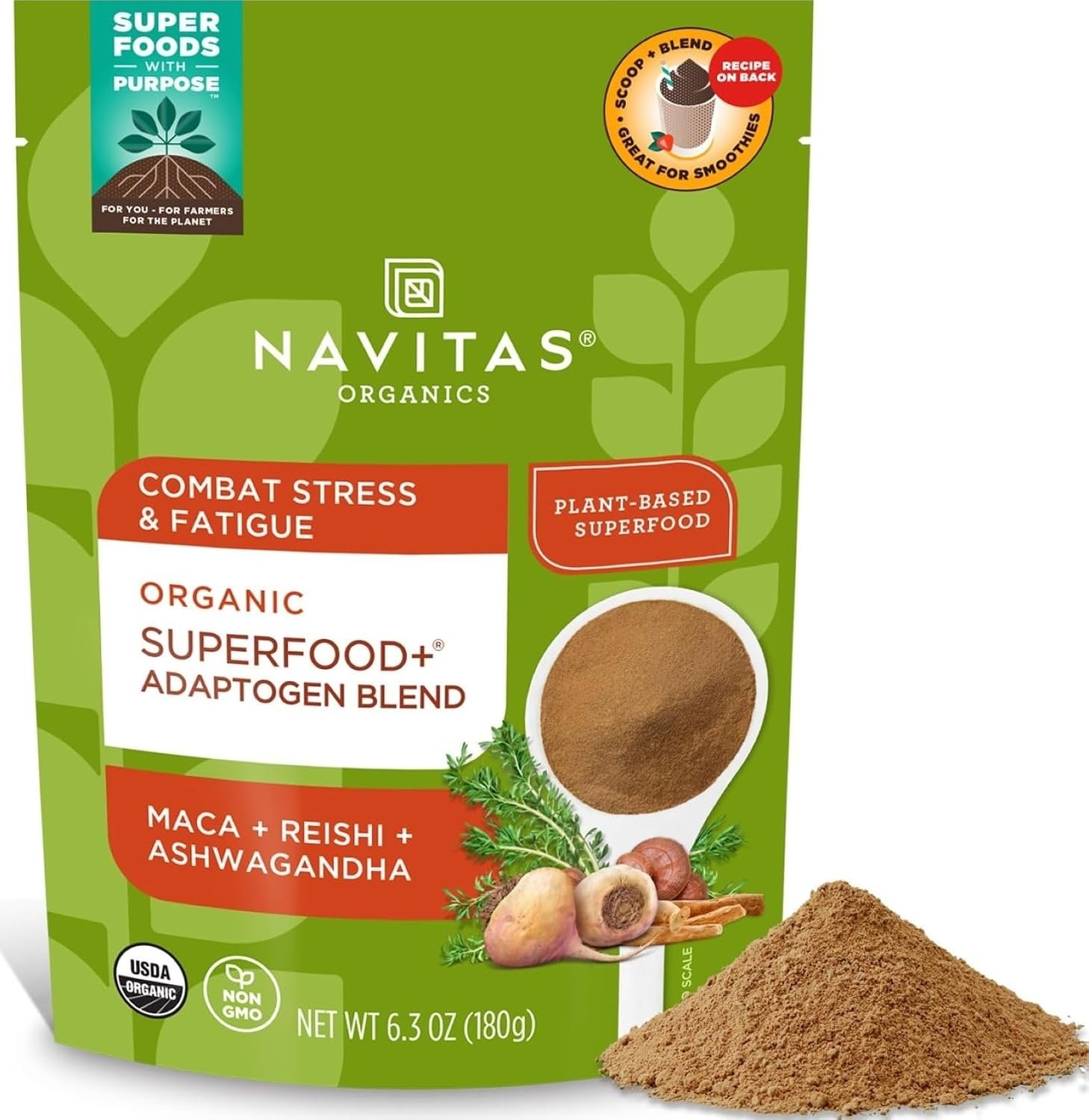 Navitas Organics Superfood+ Adaptogen Blend for Stress Support (Maca + Reishi + Ashwagandha), 6.3oz Bag, 30 Servings — Organic, Non-GMO, Vegan, Gluten-Free, Keto & Paleo.