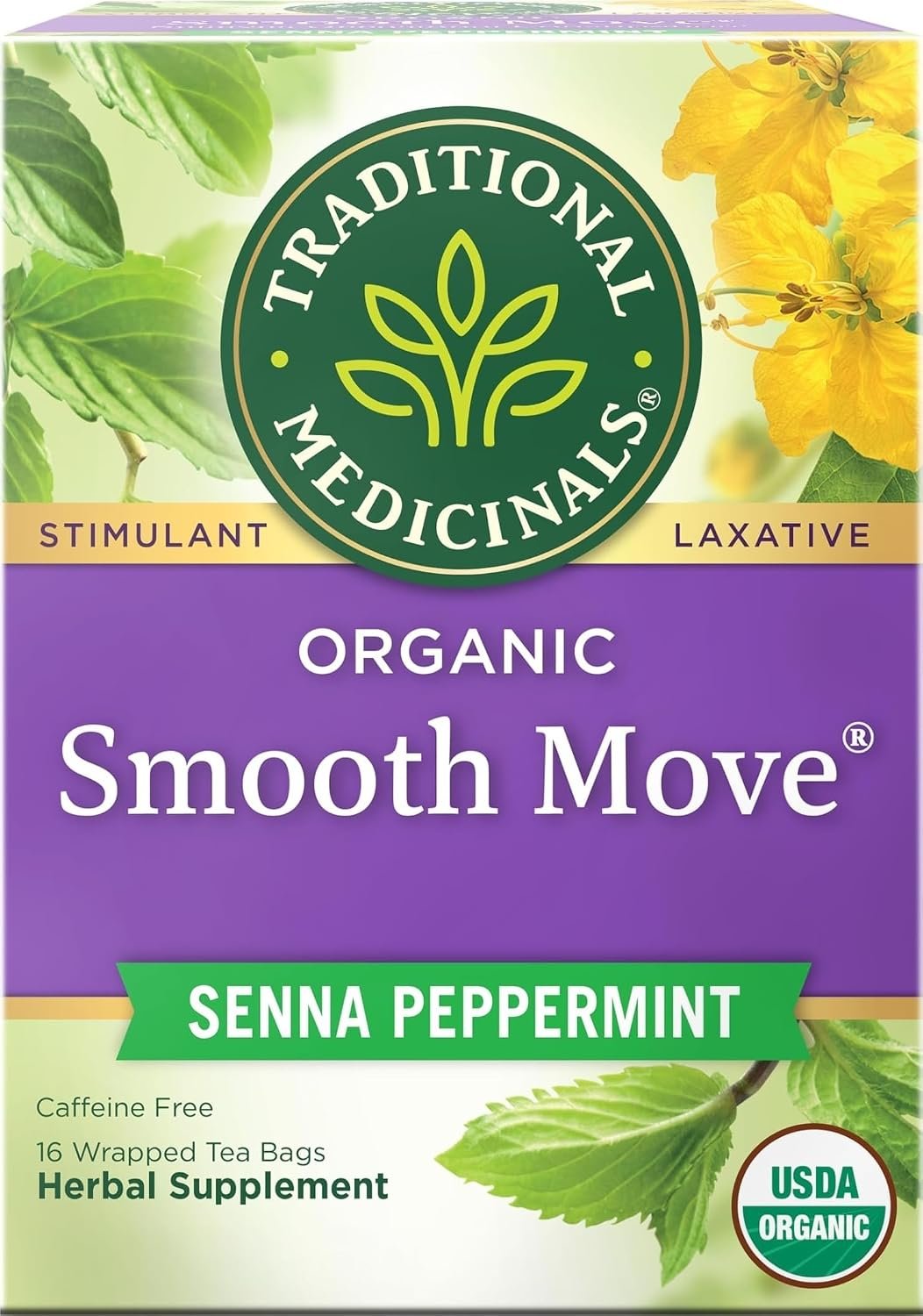 Traditional Medicinals Organic Smooth Move Senna Peppermint Herbal Tea, Relieves Occasional Constipation, (Pack of 1) – 16 Tea Bags