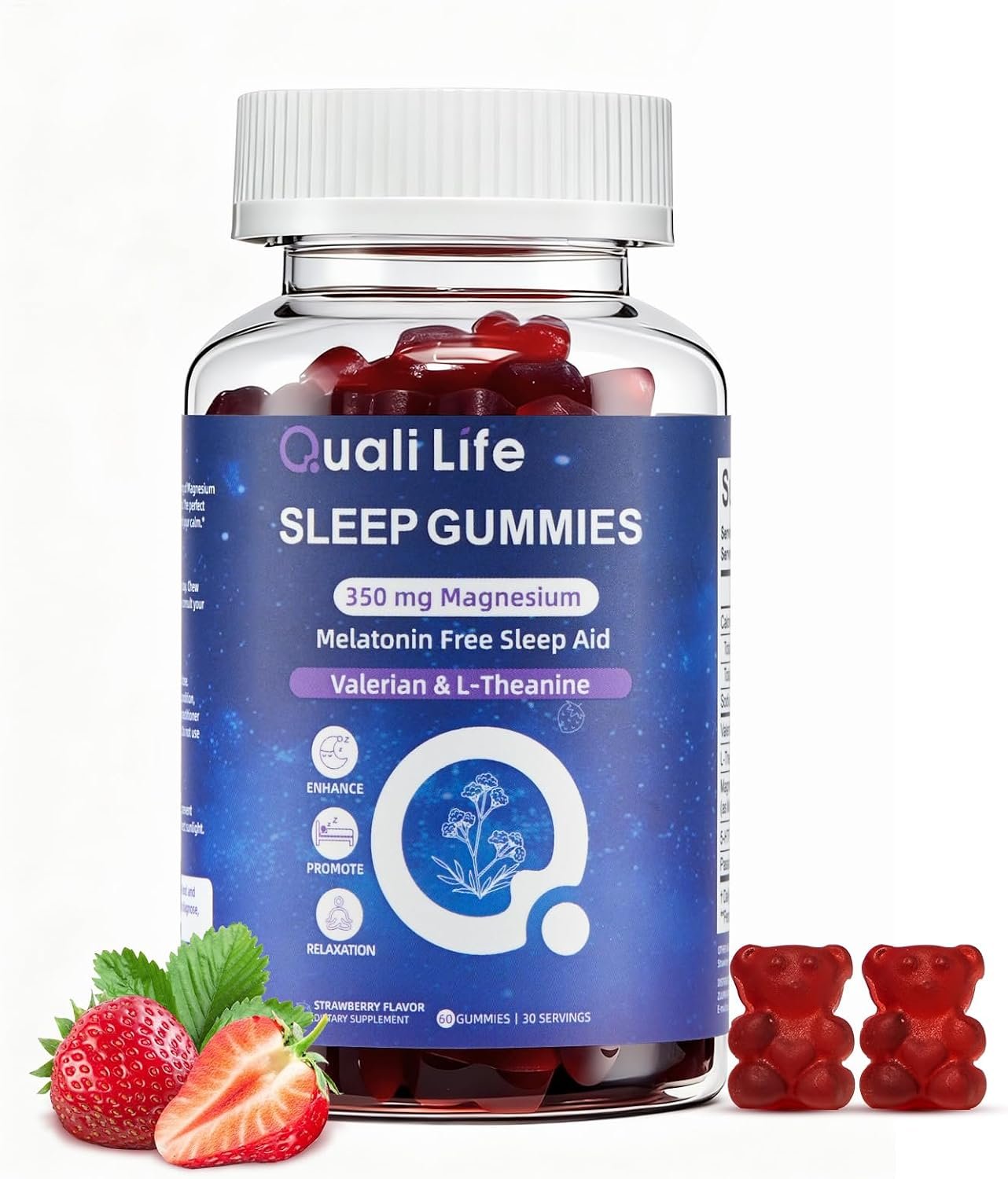 Melatonin Free Sleep Gummies for Adults with Magnesium, Valerian Root, 5-HTP & Herbal Blend – Natural Sleep Aid Supplements – Non-Habit Forming, Sugar Free, Strawberry Flavor, 60 Count (1)