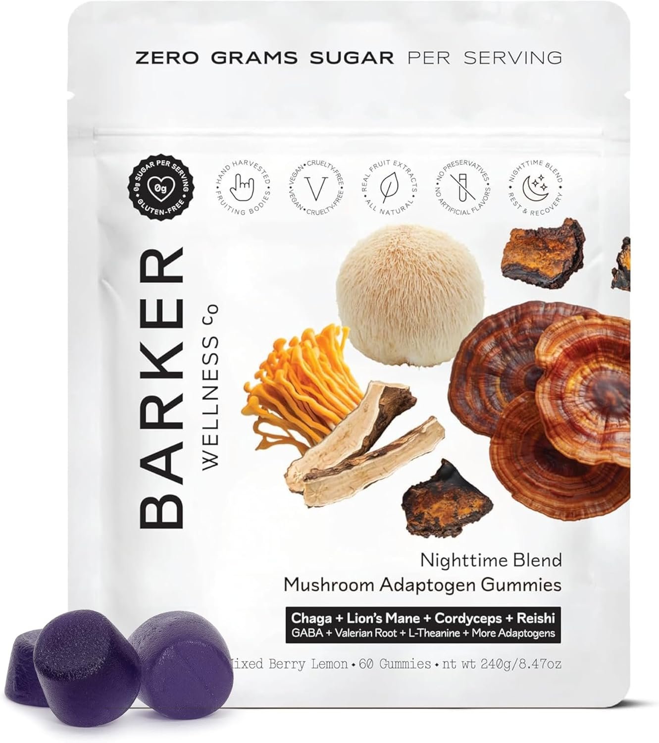 Barker Wellness Nighttime Mushroom Gummies for Sleep – Reishi, Vegan 60ct