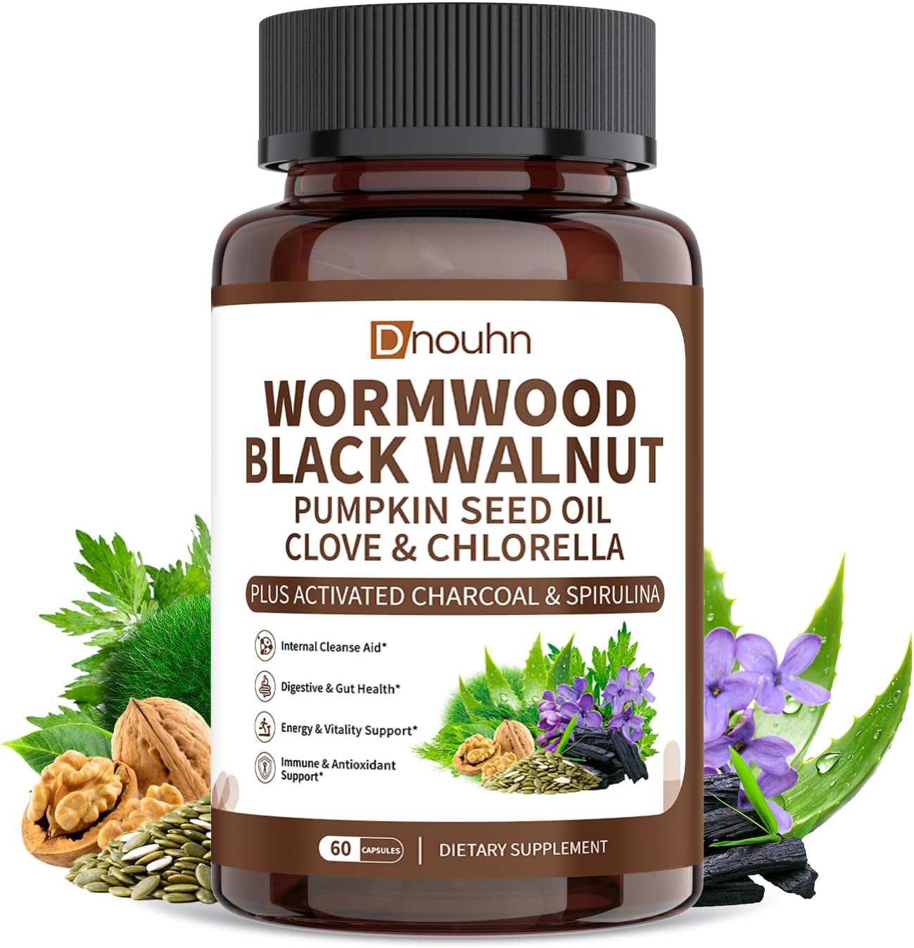 Wormwood Black Walnut Clove Parasite Cleanse for Humans Capsules – Natural Gut Detox & Digestive Health with Pumpkin Seeds Garlic Oregano Turmeric, Vegan 60 Counts