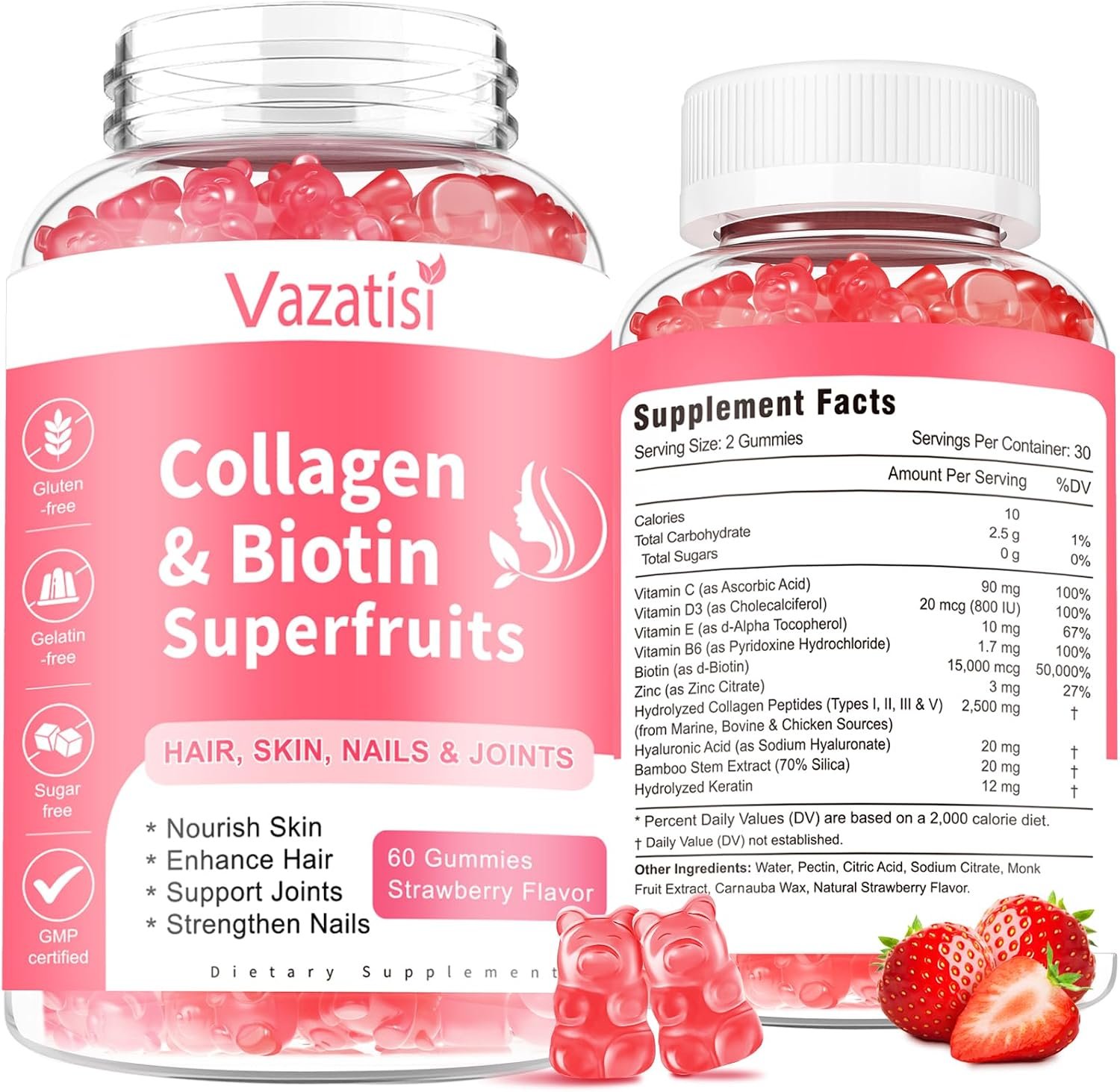 2 Pack Sugar Free Collagen Gummies for Women Men, Multi Collagen Peptides Gummies Type I II III X with Biotin Vitamin B C D E for Hair Skin Nails, Strawberry Flavor, 120 Count