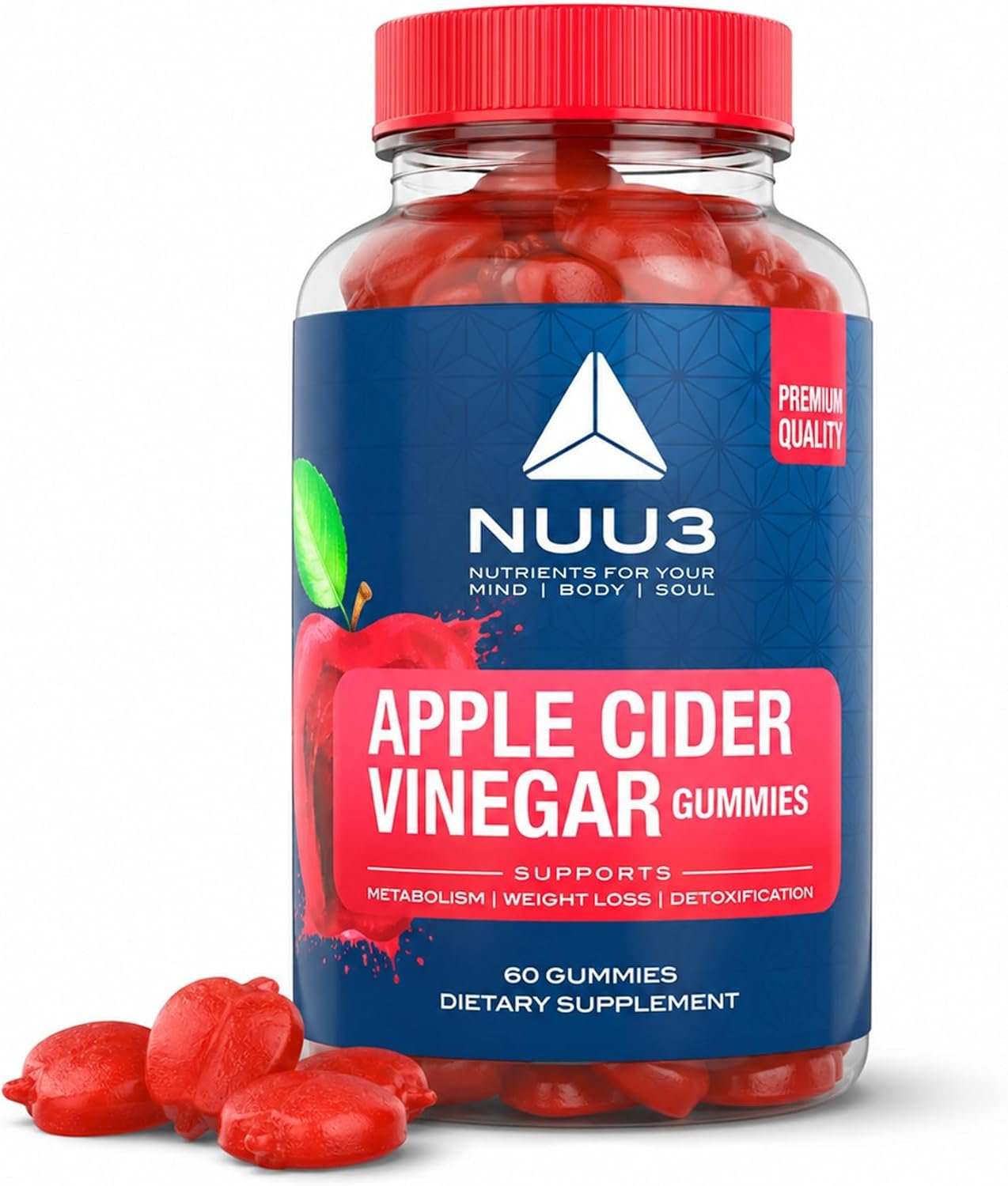 NUU3 Apple Cider Vinegar Gummies – Support for Energy, Immunity & Gut Health – Folate, Iodine, Pomegranate, Beet Root, Vitamins B-6 & 12 – (60 Count, Pack of 1)