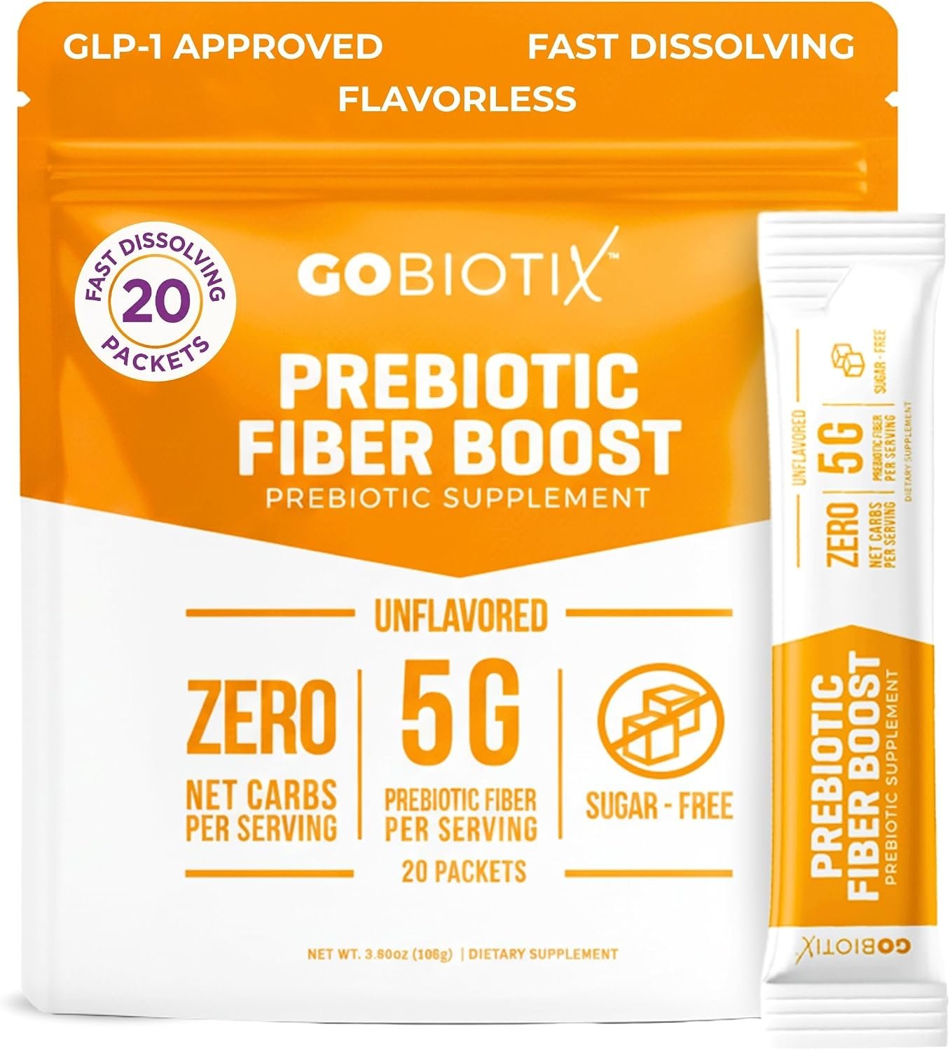 GoBiotix Fiber Supplement Powder with Prebiotics for Digestive Health and GLP-1 Support, Soluble Fiber for Gut Health & Debloat, Keto, Vegan, Gluten & Sugar Free, 20 Servings (Travel)