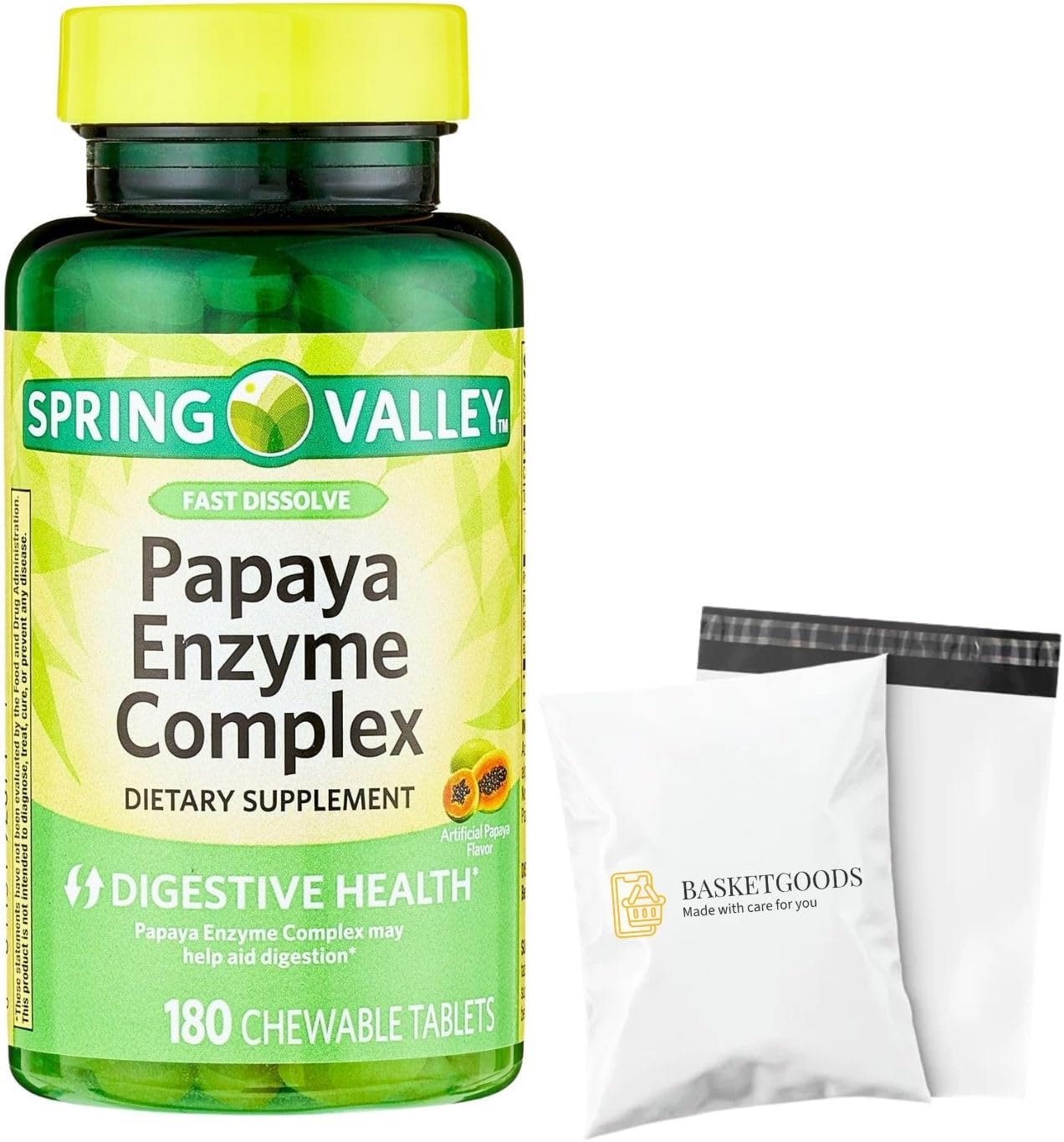 Spring Valley Papaya Enzymes Chewable 180 Count, Support Helps Digestion and Nutrient Absorption, Enzymes for Digestion, Dietary Supplement – Set by Basket Goods