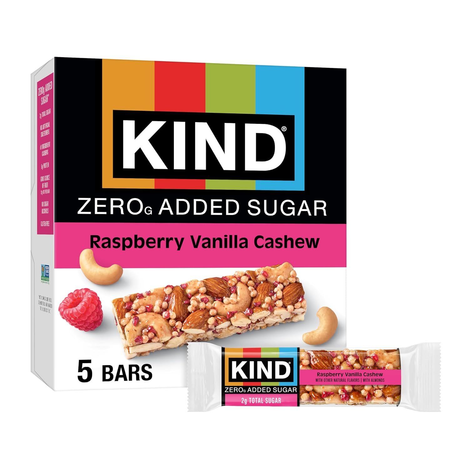 KIND ZEROg Added Sugar Keto Snack Bars, Low Sugar, Gluten Free, Raspberry Vanilla Chashew, 5 Count