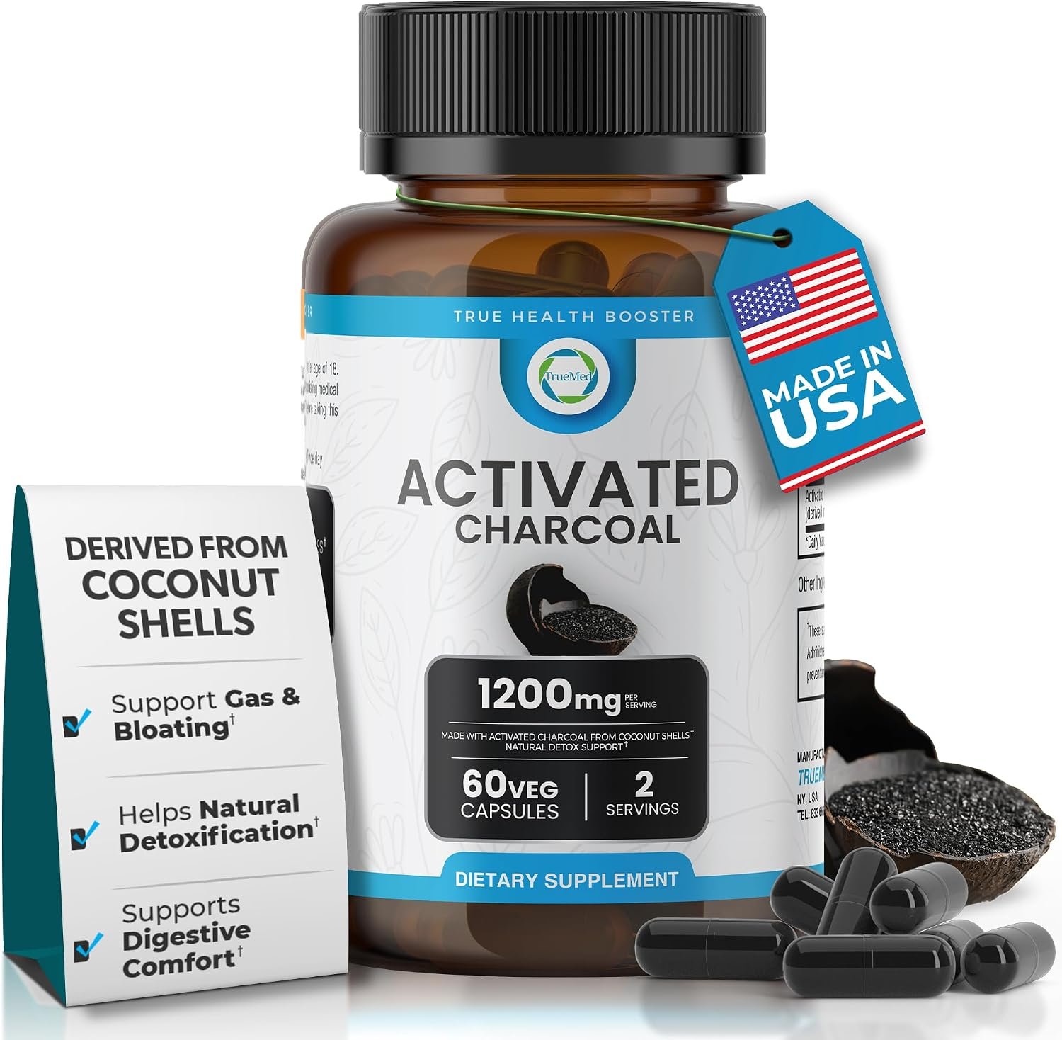 Activated Charcoal Capsules 1200mg, Support Digestive Comfort, 60 Capsules