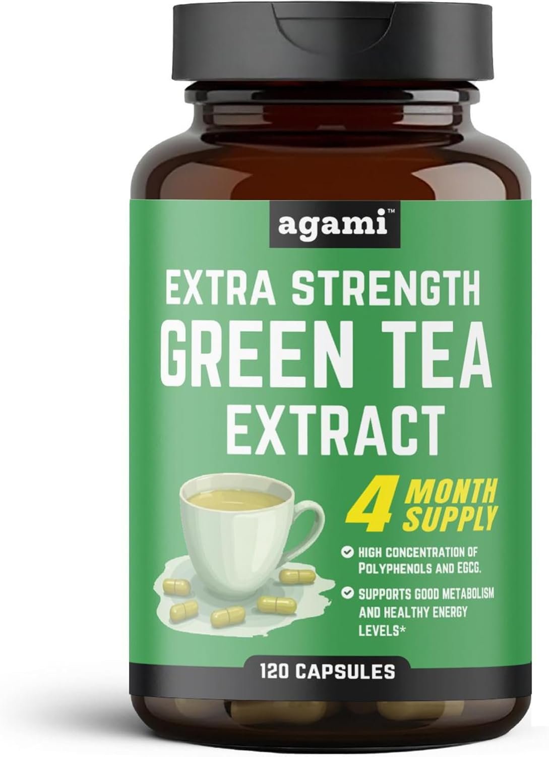 Agami Green Tea Capsules | 4 Month Supply | Energy & Metabolism Support | 20:1 Extract – 120 Capsules