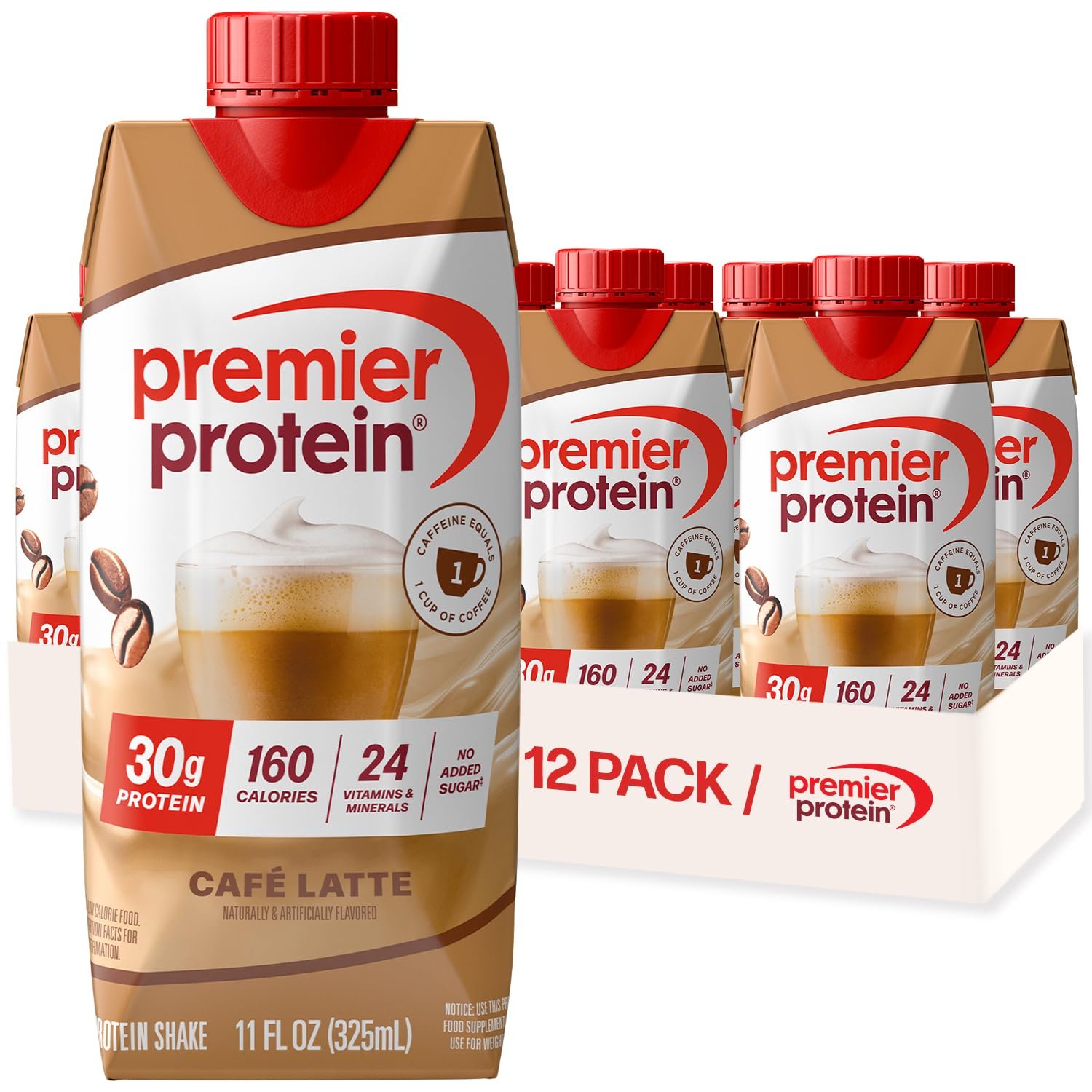 Premier Protein +Energy 30g High Protein Shake, Café Latte, 12 Pack